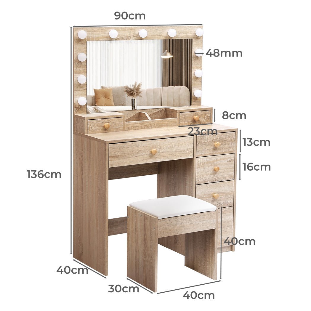 LED Dressing Table with Stool and Storage Drawers - Oak - Rivercity House & Home Co. (ABN 18 642 972 209) - Affordable Modern Furniture Australia