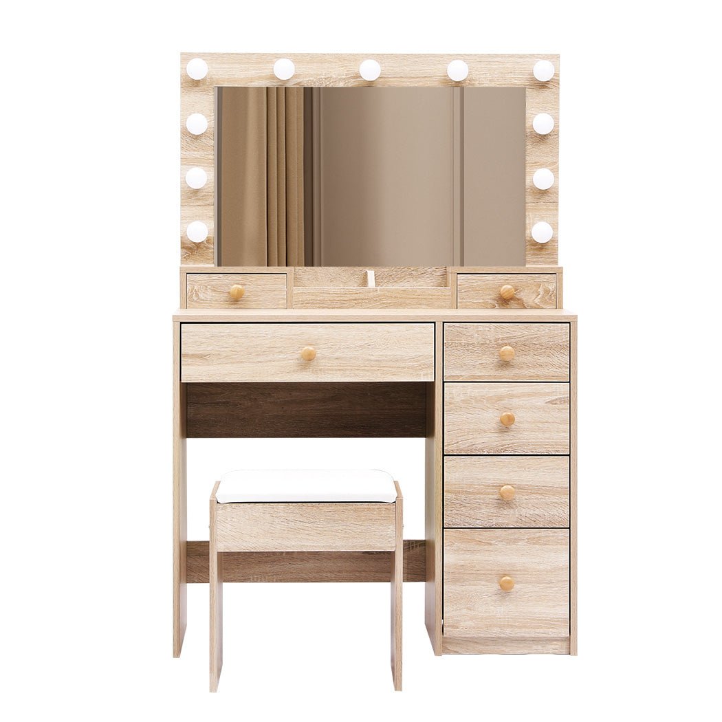 LED Dressing Table with Stool and Storage Drawers - Oak - Rivercity House & Home Co. (ABN 18 642 972 209) - Affordable Modern Furniture Australia