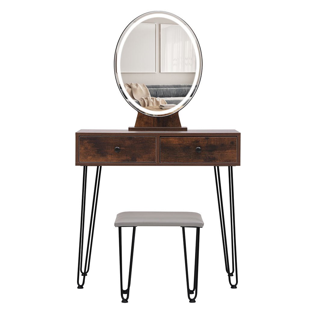 LED Dressing Table with Touch Dimming Mirror and Stool - Brown - Rivercity House & Home Co. (ABN 18 642 972 209) - Affordable Modern Furniture Australia