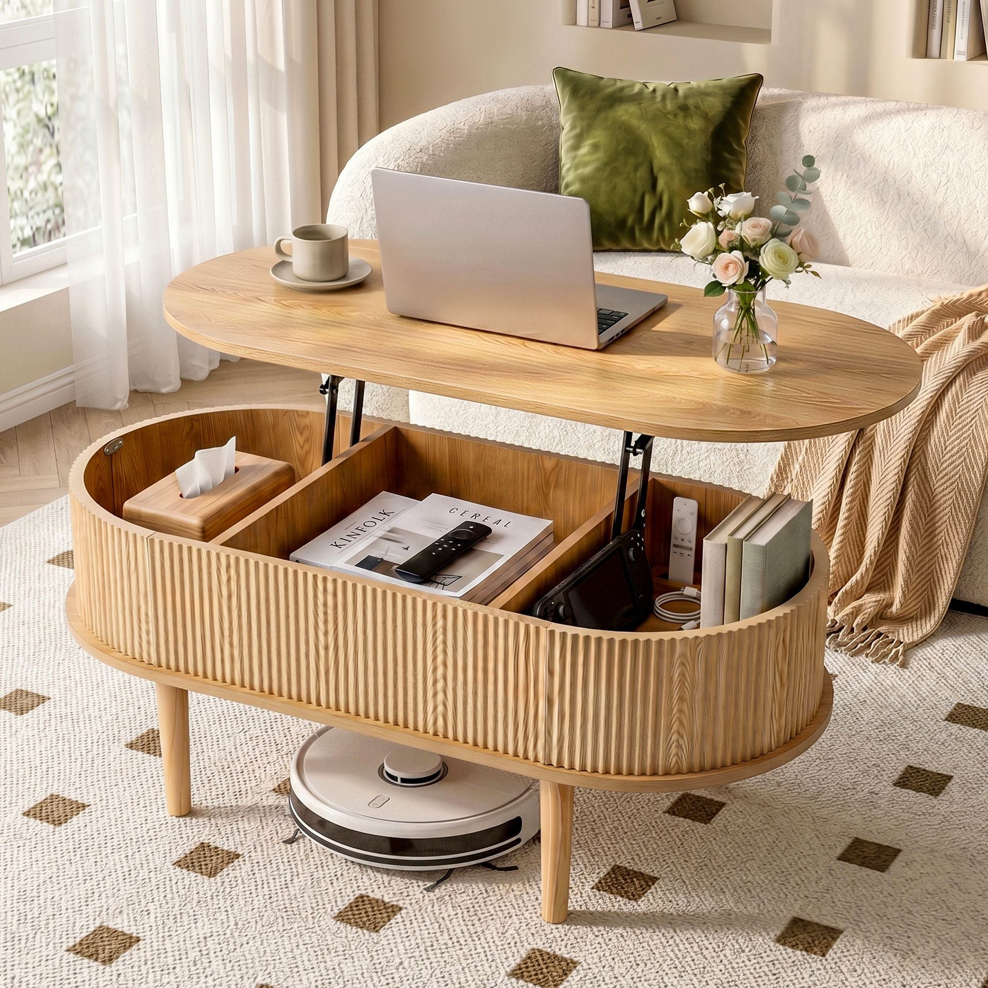 Lift Top Coffee Table Fluted Centre Table with Hidden Storage Oval 100cm - Furniture > Living Room > Coffee Tables - Rivercity House & Home Co. (ABN 18 642 972 209) - Affordable Modern Furniture Australia