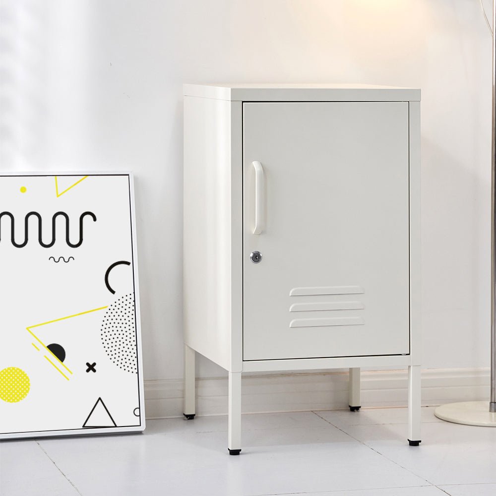 Lockable Metal Bedside Table Cabinet - White - Furniture > Bedroom - Rivercity House & Home Co. (ABN 18 642 972 209) - Affordable Modern Furniture Australia