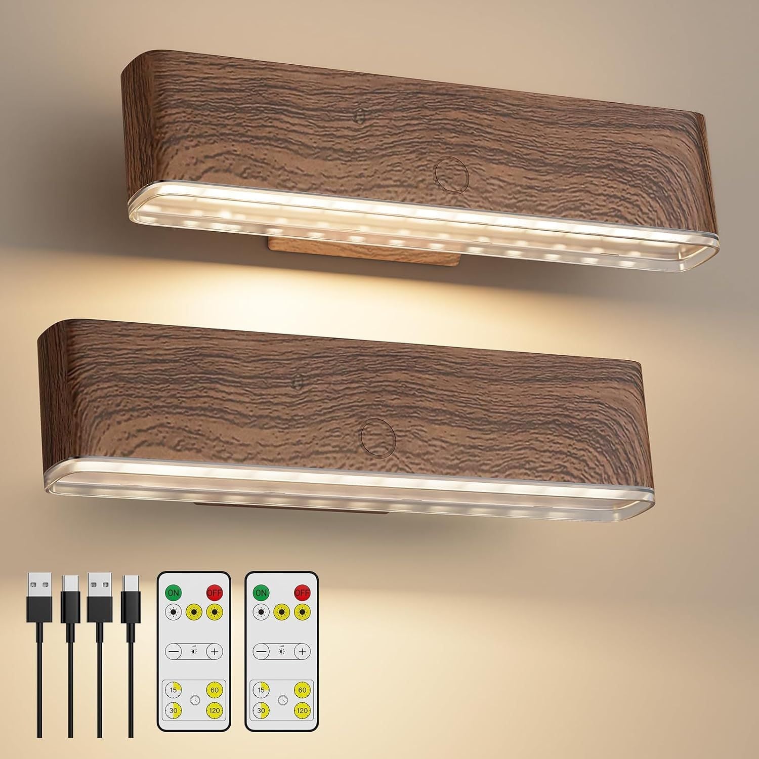Magnetic Wireless Rechargeable LED Wall Sconce Set of 2 with Remote & Touch Control, 3-Color Temperature, 360° Rotatable - Walnut - Home & Garden > Lighting > Wall Lights - Rivercity House & Home Co. (ABN 18 642 972 209) - Affordable Modern Furniture Australia