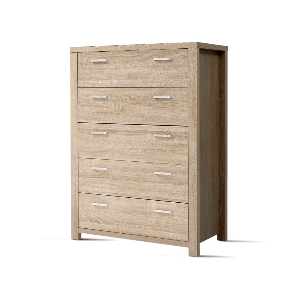 Maxi 5 - drawer Tallboy Oak - Rivercity House & Home Co. (ABN 18 642 972 209) - Affordable Modern Furniture Australia