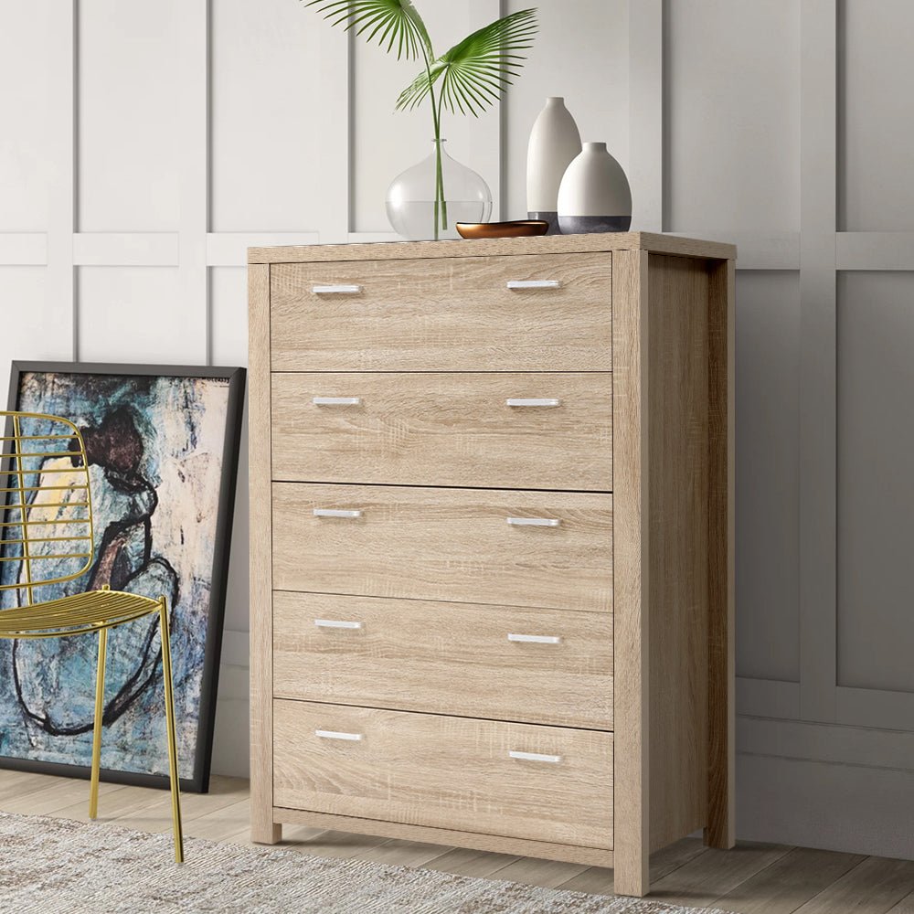 Maxi 5 - drawer Tallboy Oak - Rivercity House & Home Co. (ABN 18 642 972 209) - Affordable Modern Furniture Australia