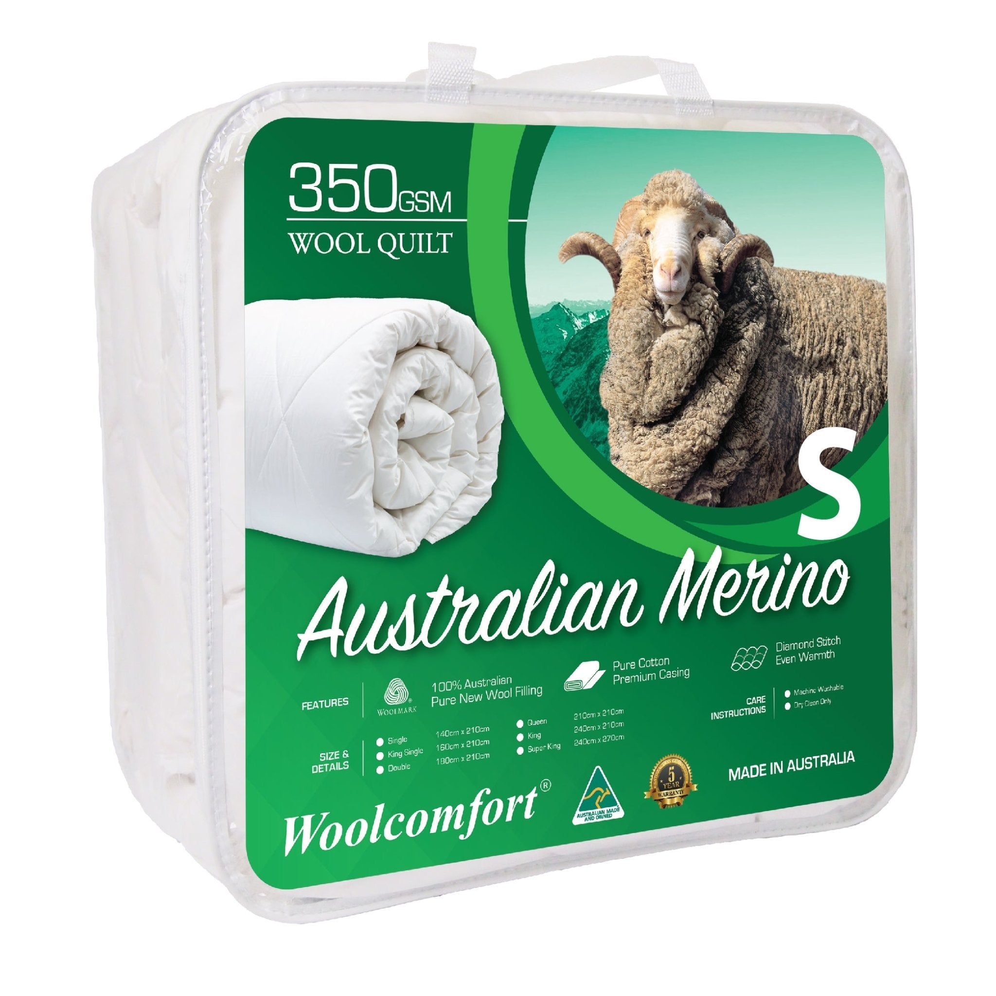 Merino Wool Quilt 350GSM Single 140x210cm Australian Made - Natural - Home & Garden > Bedding > Quilts & Duvets - Rivercity House & Home Co. (ABN 18 642 972 209) - Affordable Modern Furniture Australia