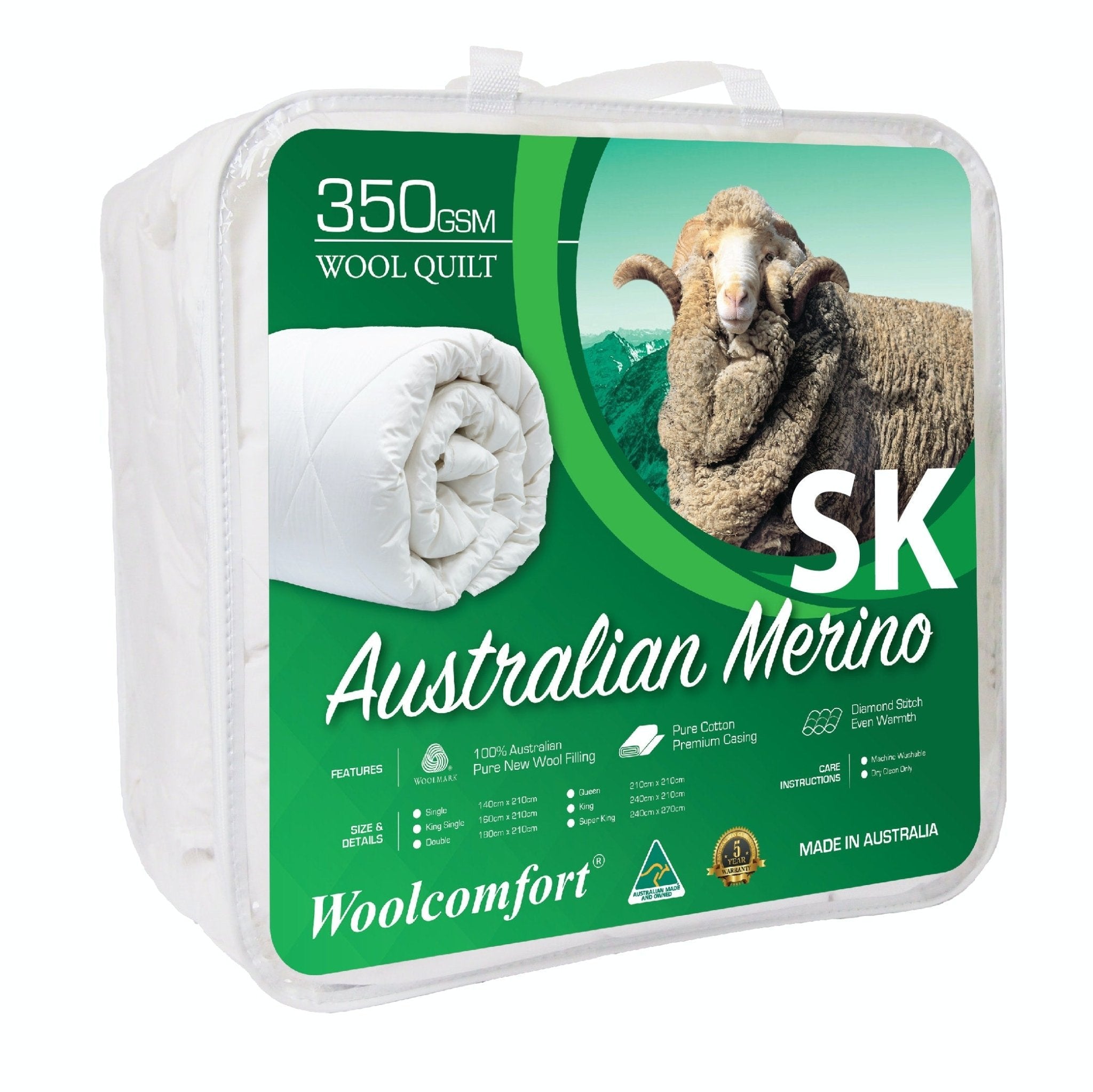 Merino Wool Quilt 350GSM Super King 270x240cm Australian Made - Natural - Home & Garden > Bedding > Quilts & Duvets - Rivercity House & Home Co. (ABN 18 642 972 209) - Affordable Modern Furniture Australia