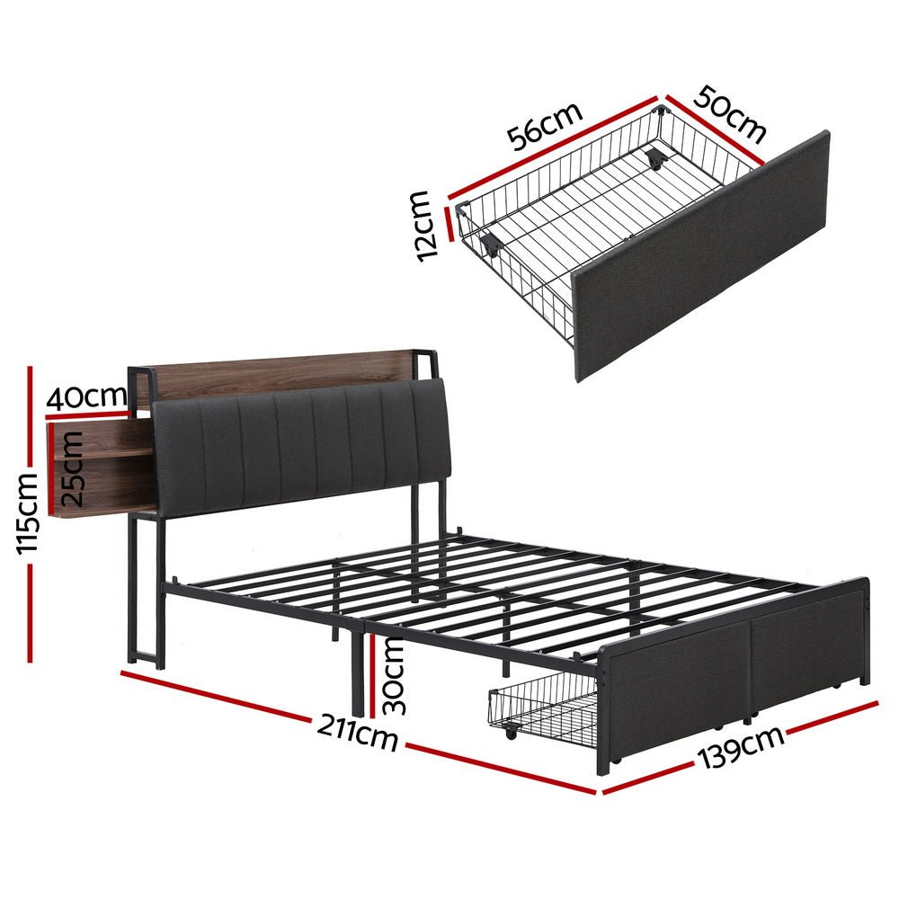 Metal Bed Frame Double Size with 2 - Tier Hidden Storage with Charging Station - Furniture > Bedroom > Beds & Bed Frames - Rivercity House & Home Co. (ABN 18 642 972 209) - Affordable Modern Furniture Australia