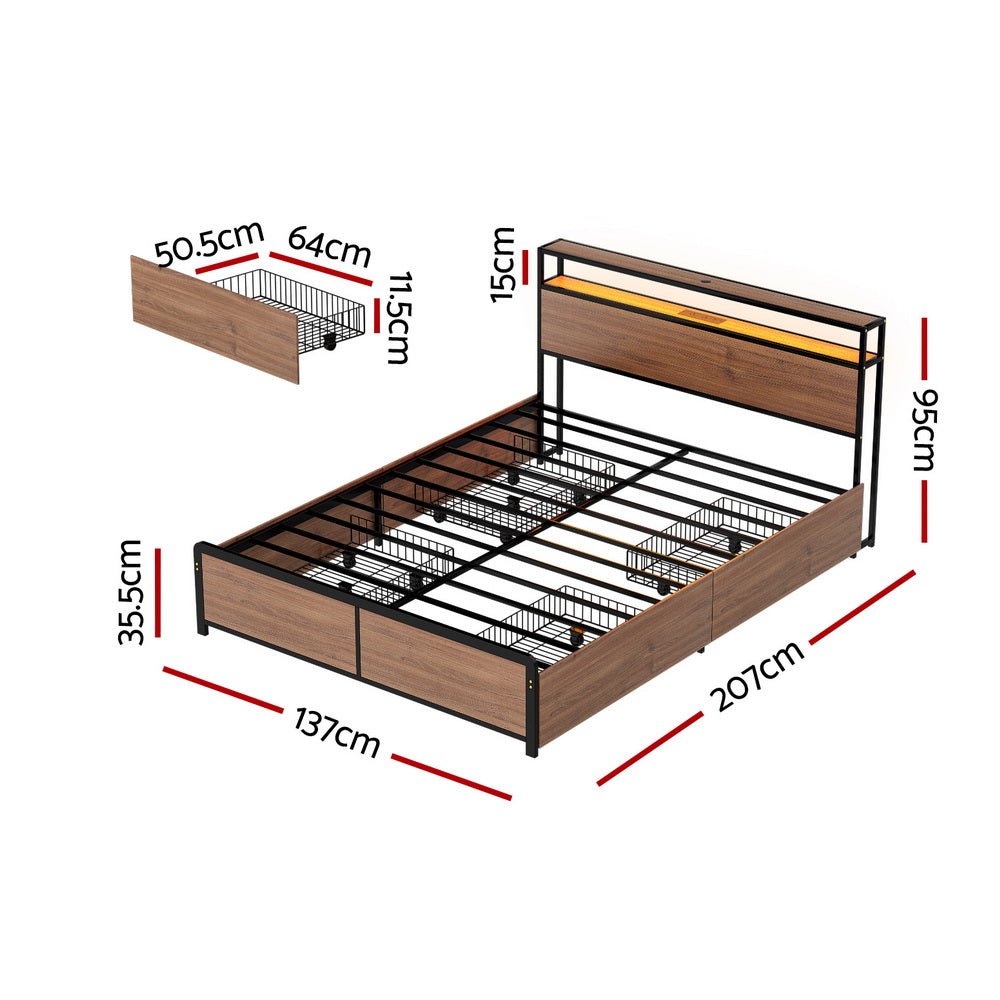 Metal Bed Frame Double Size with 2 - Tier Storage Headboard Metal Platform with 4 Storage Drawers Built in Charging Station & LED Noise - Free/Metal Support/No Box Spring Needed Vintage Brown - Furniture > Bedroom > Beds & Bed Frames - Rivercity House & Home Co. (ABN 18 642 972 209) - Affordable Modern Furniture Australia