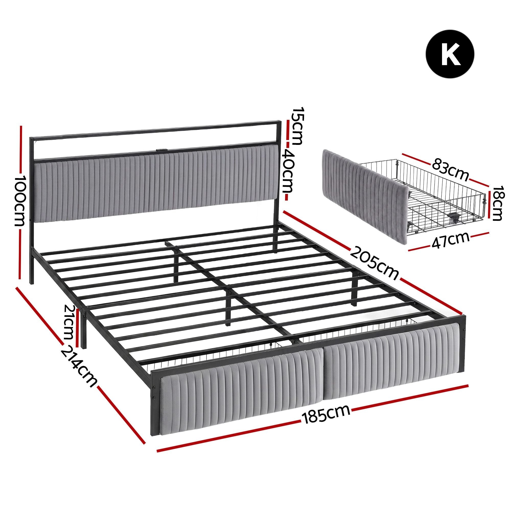 Metal Bed Frame King Size LED Charging Station 2 Drawers - Furniture > Bedroom > Beds & Bed Frames - Rivercity House & Home Co. (ABN 18 642 972 209) - Affordable Modern Furniture Australia