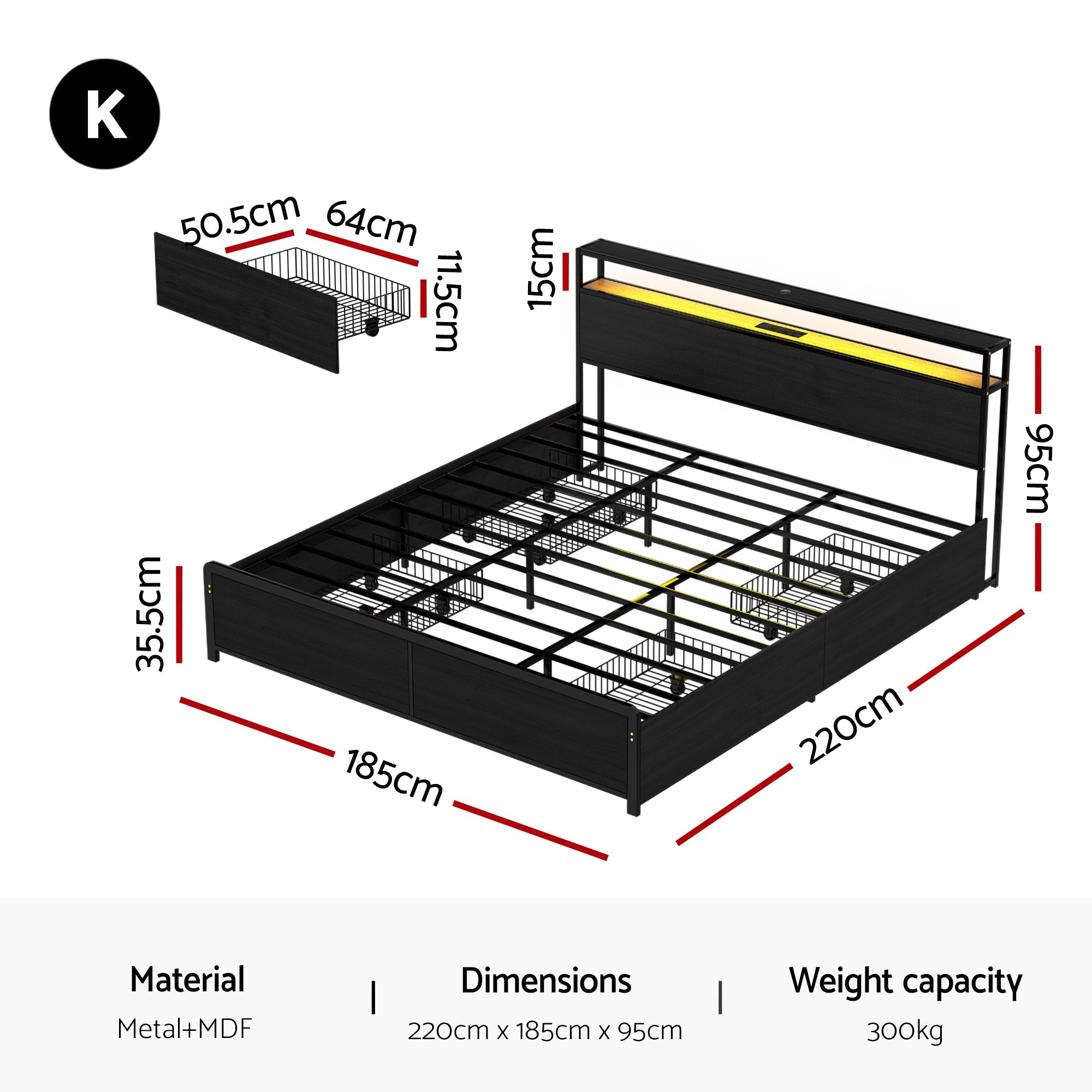 Metal Bed Frame King Size Storage Headboard Charge Station LED 4 Drawers - Furniture > Bedroom > Beds & Bed Frames - Rivercity House & Home Co. (ABN 18 642 972 209) - Affordable Modern Furniture Australia