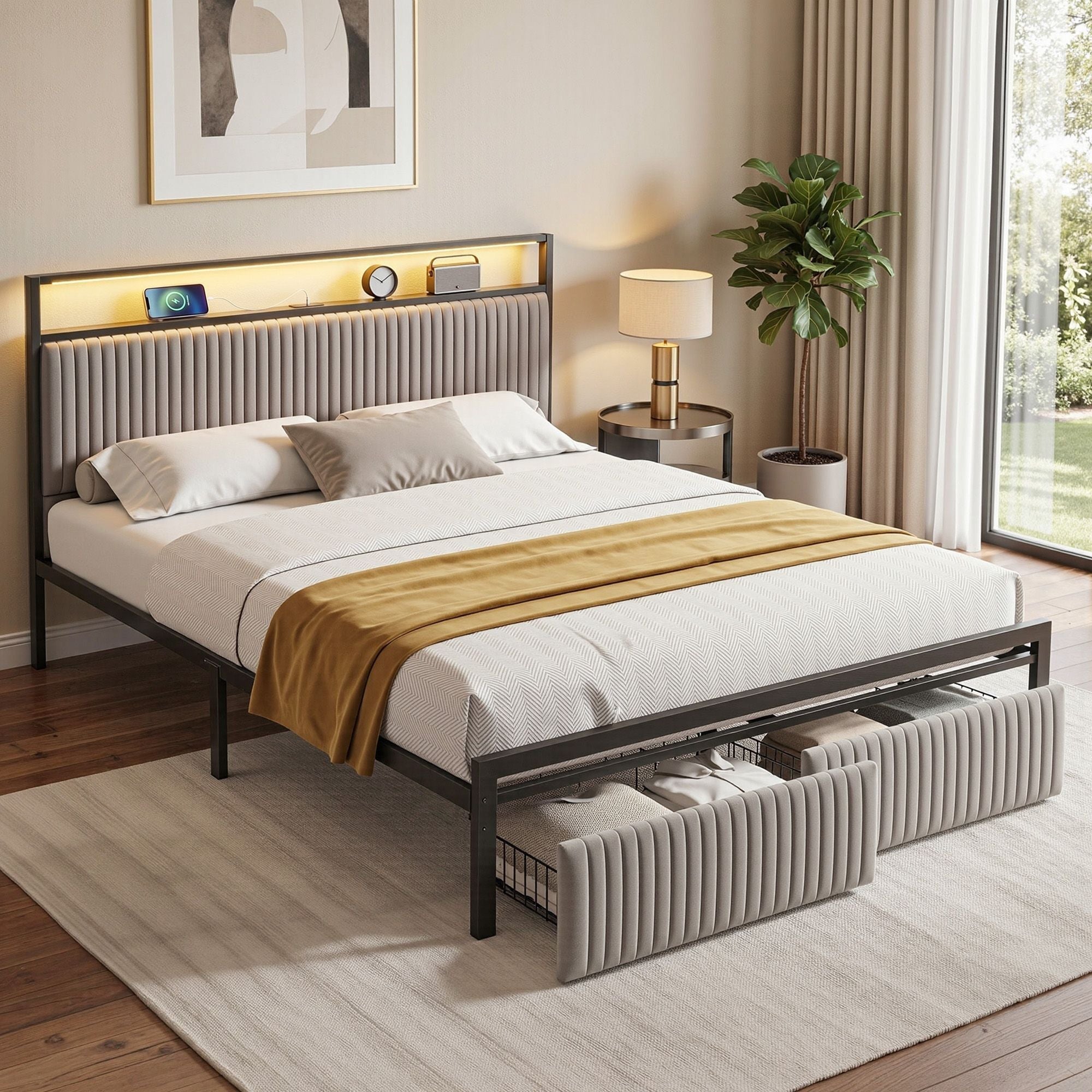 Metal Bed Frame Queen Size LED Charging Station 2 Drawers - Furniture > Bedroom > Beds & Bed Frames - Rivercity House & Home Co. (ABN 18 642 972 209) - Affordable Modern Furniture Australia