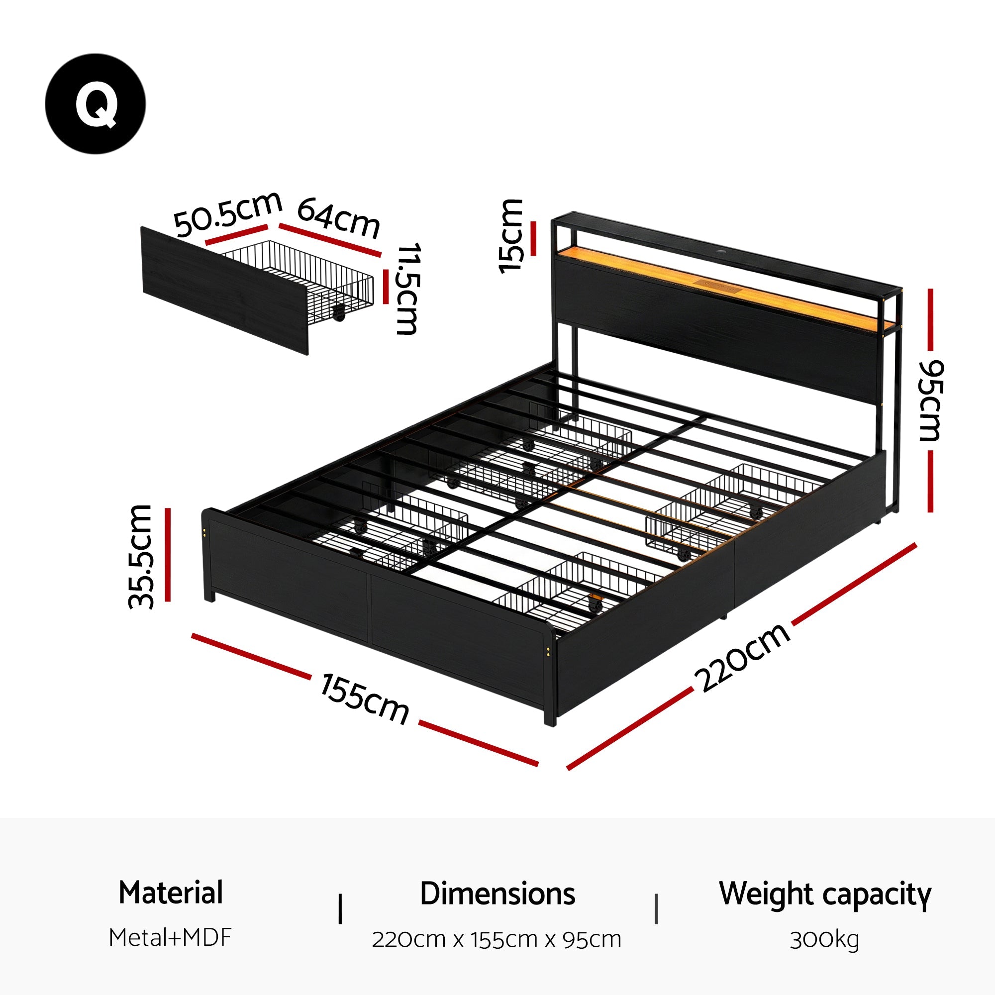 Metal Bed Frame Queen Size Storage Headboard Charge Station LED 4 Drawers - Furniture > Bedroom > Beds & Bed Frames - Rivercity House & Home Co. (ABN 18 642 972 209) - Affordable Modern Furniture Australia