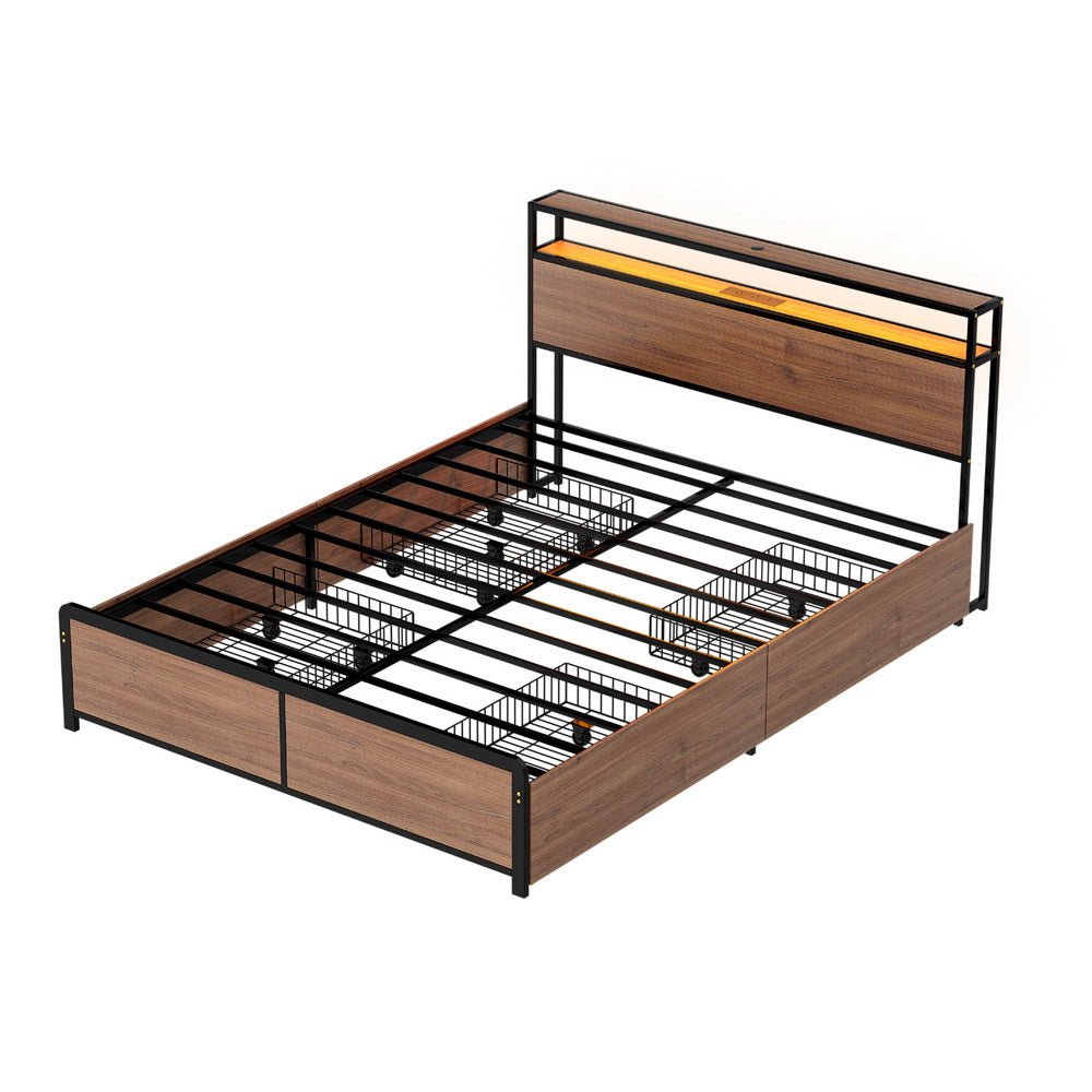 Metal Bed Frame Queen Size with 2 - Tier Storage Headboard Metal Platform with 4 Storage Drawers Built in Charging Station & LED Noise - Free/Metal Support/No Box Spring Needed Vintage Brown - Furniture > Bedroom > Beds & Bed Frames - Rivercity House & Home Co. (ABN 18 642 972 209) - Affordable Modern Furniture Australia