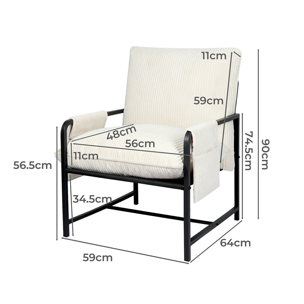 Metal Framed Corduroy Lounge Chair with Storage Bags - Beige - Rivercity House & Home Co. (ABN 18 642 972 209) - Affordable Modern Furniture Australia
