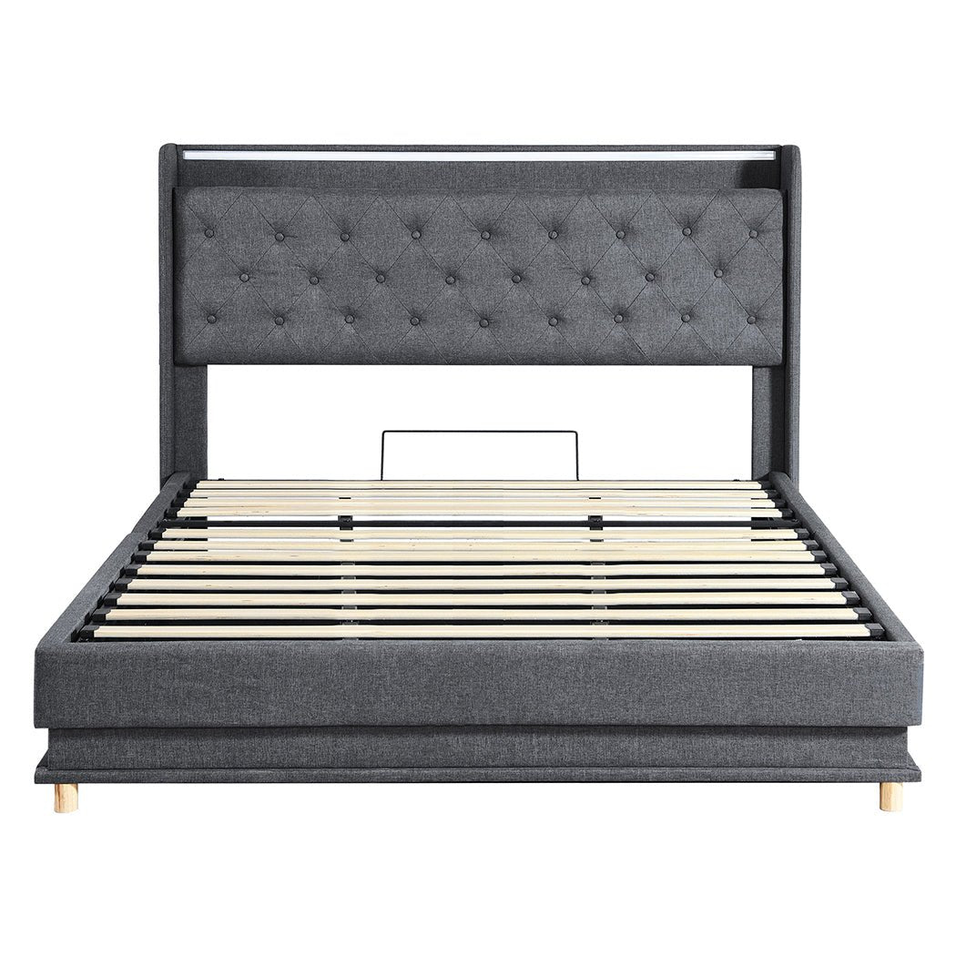 Mitchell King LED Gas Lift Storage Bed – Grey - Rivercity House & Home Co. (ABN 18 642 972 209) - Affordable Modern Furniture Australia