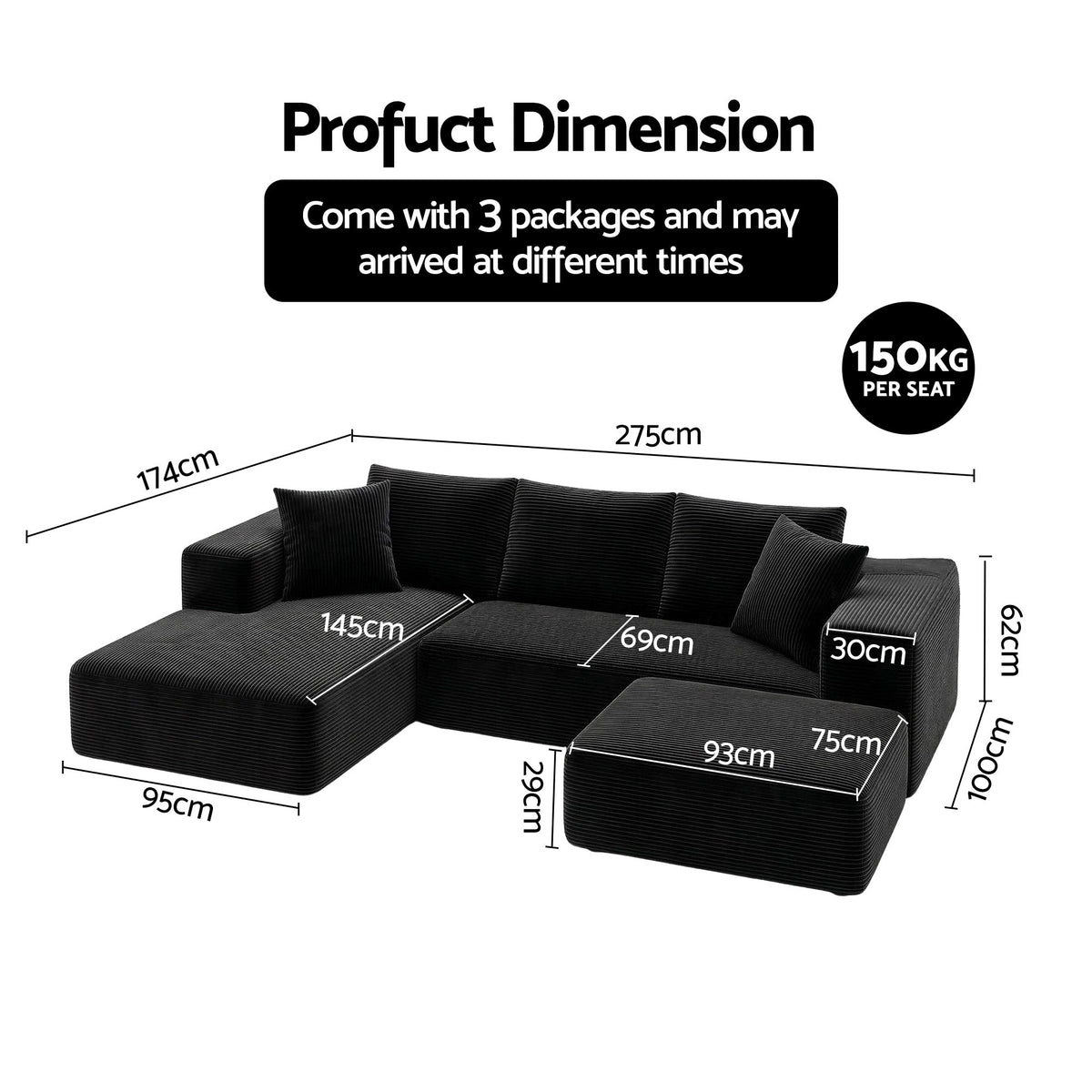Modular Corduroy Sofa Bed with Ottoman Sectional Boneless Couch for Living Room - Black - Furniture > Sofas > Sofas & Sofa Beds - Rivercity House & Home Co. (ABN 18 642 972 209) - Affordable Modern Furniture Australia