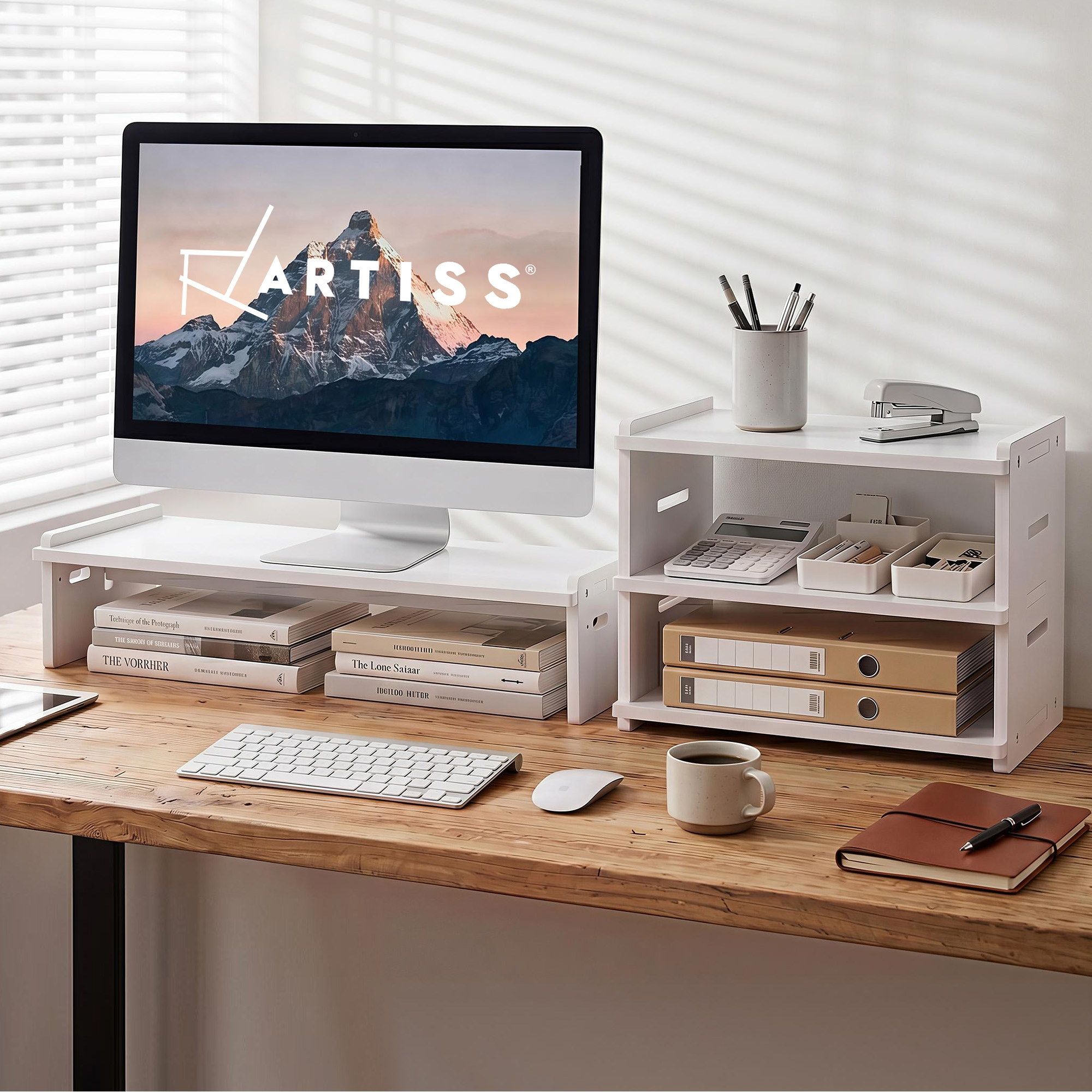 Monitor Stand and 3 - Tier Desk Organiser 2 - in - 1 Modular Computer Monitor Riser PVC Desktop Shelf Holds 20kg for Office Students Gaming - Home & Garden > Home Office Accessories > Desk Accessories - Rivercity House & Home Co. (ABN 18 642 972 209) - Affordable Modern Furniture Australia