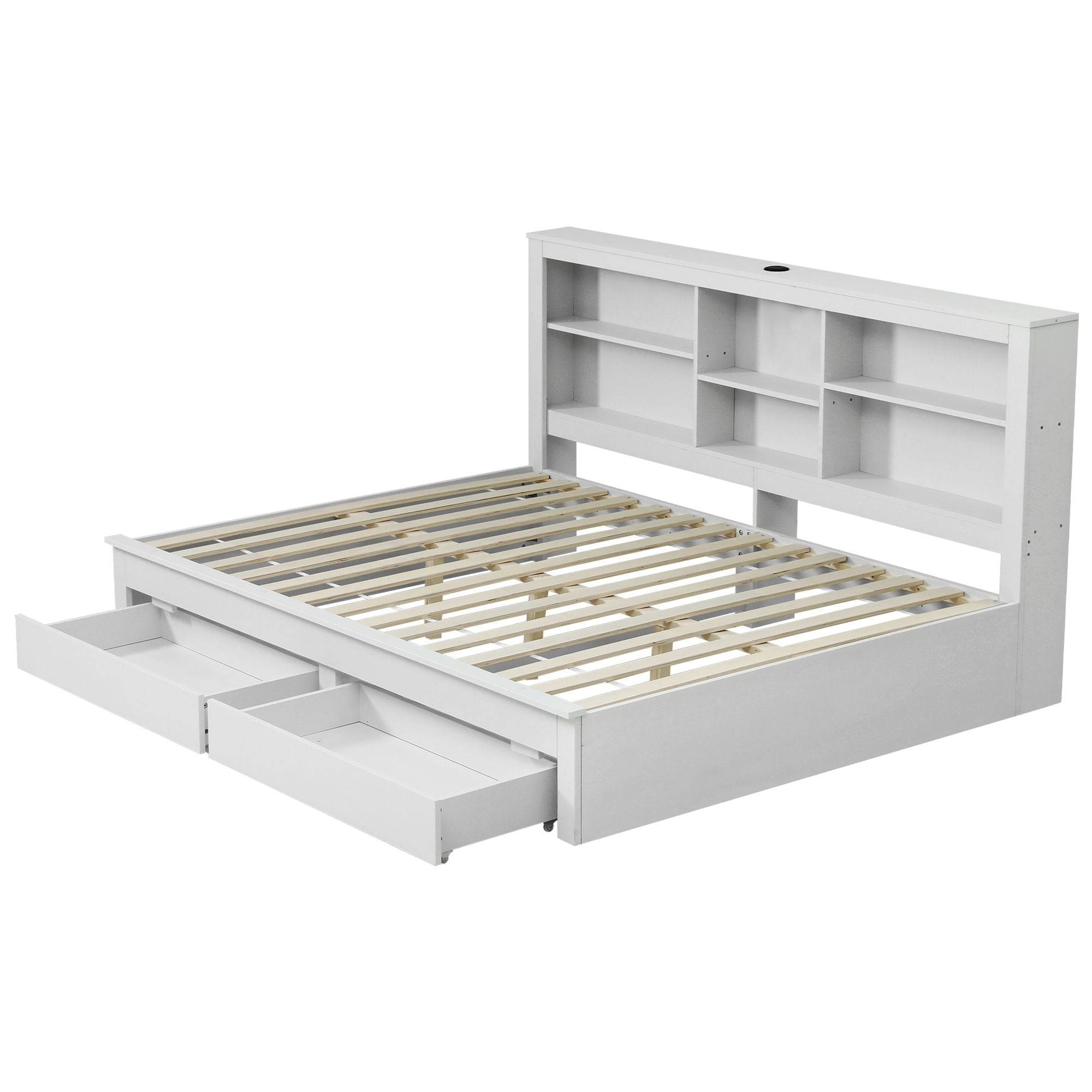 Noise-Free White Farmhouse Solid Wood Double Platform Bed Frame with Storage Headboard, Charging Station and Drawers for Bedroom and Apartment - Furniture > Bedroom > Beds & Bed Frames - Rivercity House & Home Co. (ABN 18 642 972 209) - Affordable Modern Furniture Australia