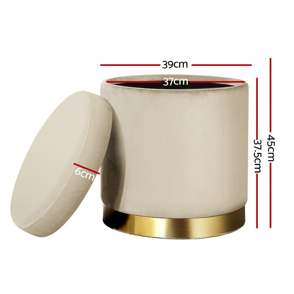 Ottoman Storage Foot Stool Round Velvet Cream - Furniture > Living Room > Ottomans & Footstools - Rivercity House & Home Co. (ABN 18 642 972 209) - Affordable Modern Furniture Australia