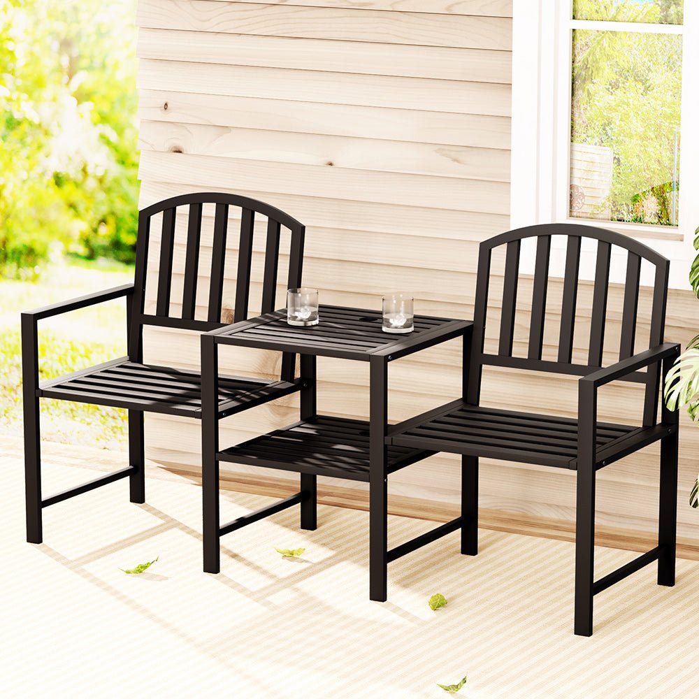 Outdoor Garden Bench Seat Loveseat Steel Table Chairs Patio Furniture Black - Furniture > Outdoor > Outdoor Chairs - Rivercity House & Home Co. (ABN 18 642 972 209) - Affordable Modern Furniture Australia
