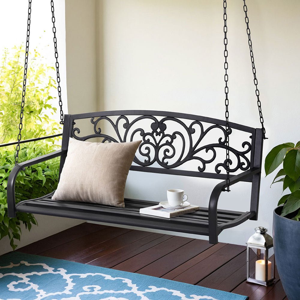 Outdoor Porch Swing Chair Patio Furniture Floral Backrest 2 Seater Black - Furniture > Outdoor > Outdoor Benches - Rivercity House & Home Co. (ABN 18 642 972 209) - Affordable Modern Furniture Australia