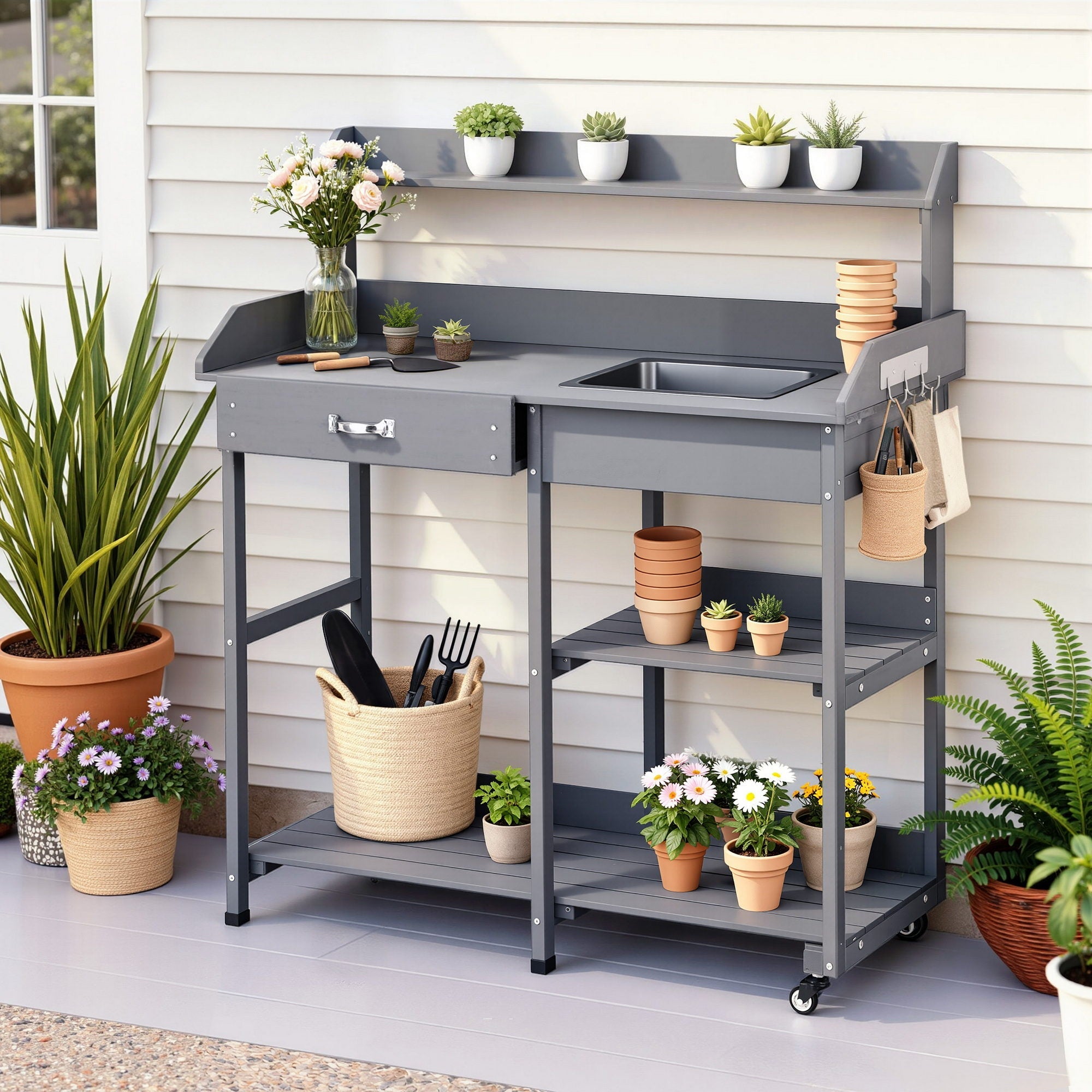 Outdoor Potting Bench Workstation with Storage Cabinet and Sink - Grey - Home & Garden > Storage > Storage Cabinets & Lockers - Rivercity House & Home Co. (ABN 18 642 972 209) - Affordable Modern Furniture Australia