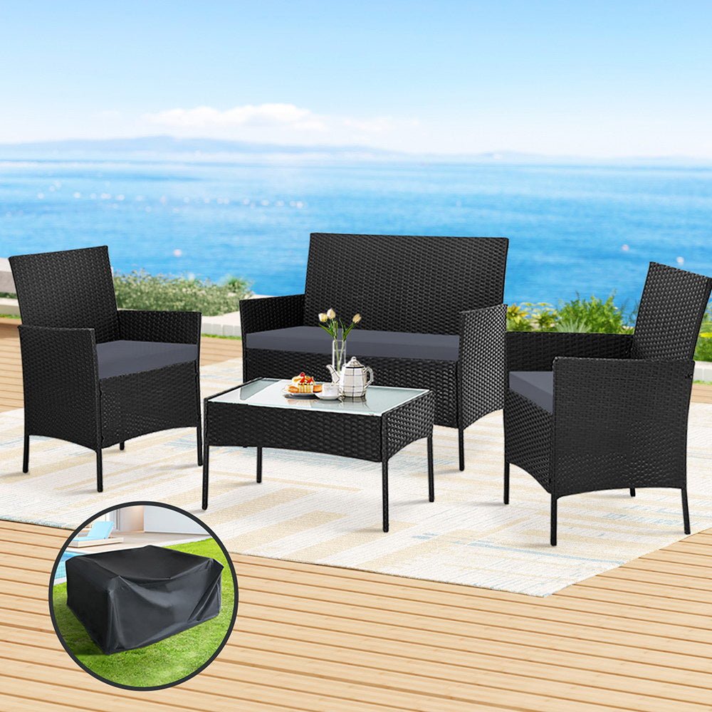 Outdoor Wicker Lounge Setting Black - With Storage Cover - Rivercity House & Home Co. (ABN 18 642 972 209) - Affordable Modern Furniture Australia