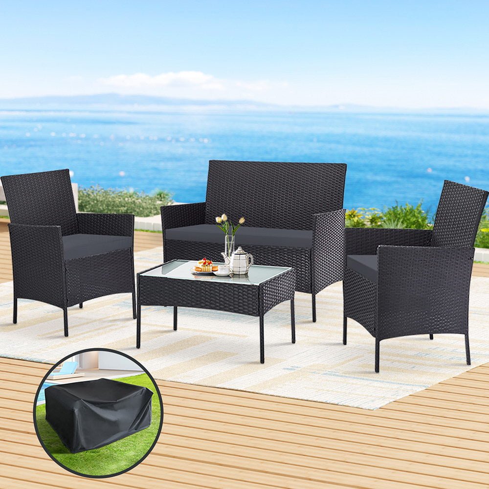 Outdoor Wicker Lounge Setting Grey - With Storage Cover - Rivercity House & Home Co. (ABN 18 642 972 209) - Affordable Modern Furniture Australia
