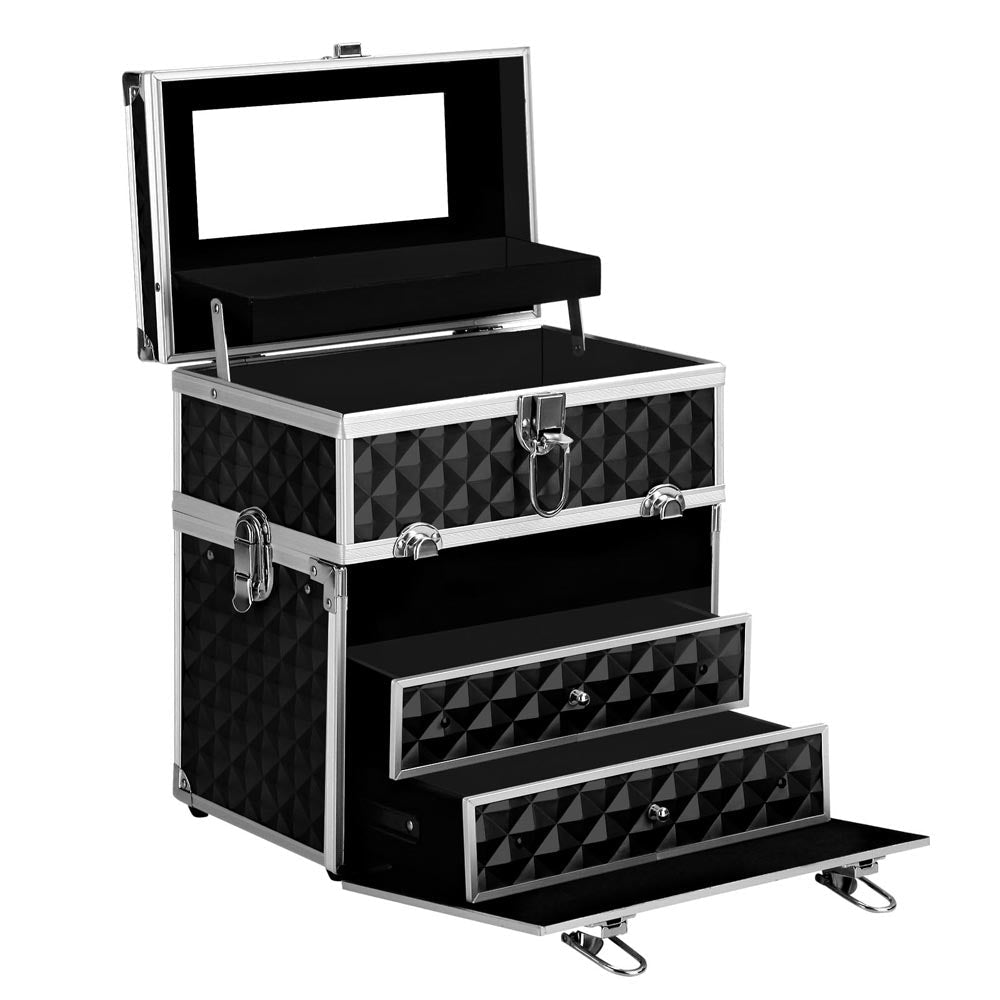 Portable Cosmetic Beauty Makeup Carry Case with Mirror - Diamond Black - Health & Beauty > Cosmetic Storage > Cosmetic & Toiletry Bags - Rivercity House & Home Co. (ABN 18 642 972 209) - Affordable Modern Furniture Australia