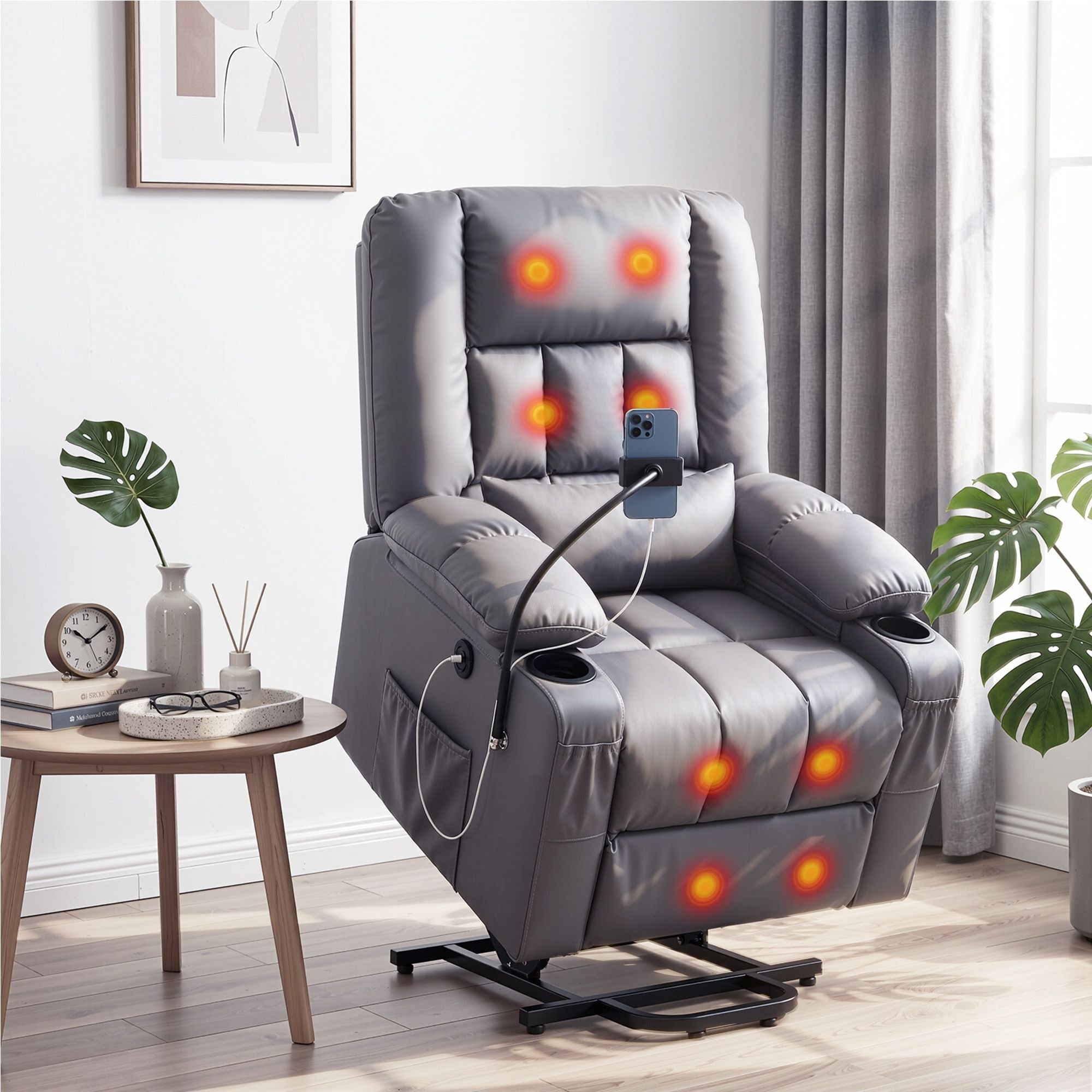 Power Lift Recliner Chair with Massage and Heat for Elderly, Electric Sofa Reclining Chair with USB and Phone Holder, PU Leather Comfy Armchair for Living Room, 2 Cup Holder & 4 Pockets, Grey - Furniture > Bar Stools & Chairs > Arm Chairs & Recliners - Rivercity House & Home Co. (ABN 18 642 972 209) - Affordable Modern Furniture Australia