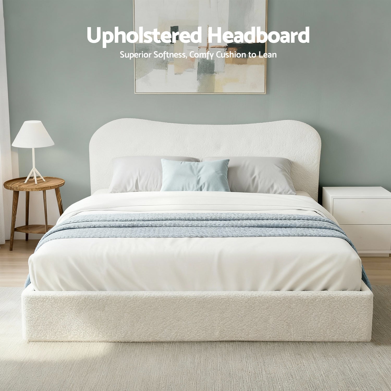 Queen Bed Frame with Gaslift Storage Wooden Platform Mattress Base Boucle Upholstered White - Furniture > Bedroom > Beds & Bed Frames - Rivercity House & Home Co. (ABN 18 642 972 209) - Affordable Modern Furniture Australia