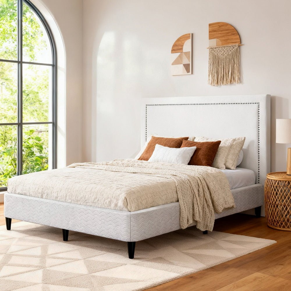 Queen Bed Frame with Headboard Platform Bed Base Grey Beige Fabric Metal - Furniture > Bedroom > Beds & Bed Frames - Rivercity House & Home Co. (ABN 18 642 972 209) - Affordable Modern Furniture Australia