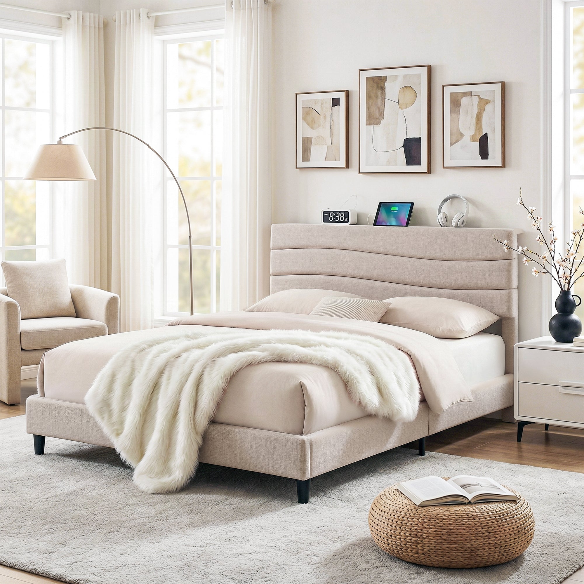 Queen Bed Frame with Storage Adjustable Headboard Platform Base Linen Fabric Charging Ports - Furniture > Bedroom > Beds & Bed Frames - Rivercity House & Home Co. (ABN 18 642 972 209) - Affordable Modern Furniture Australia