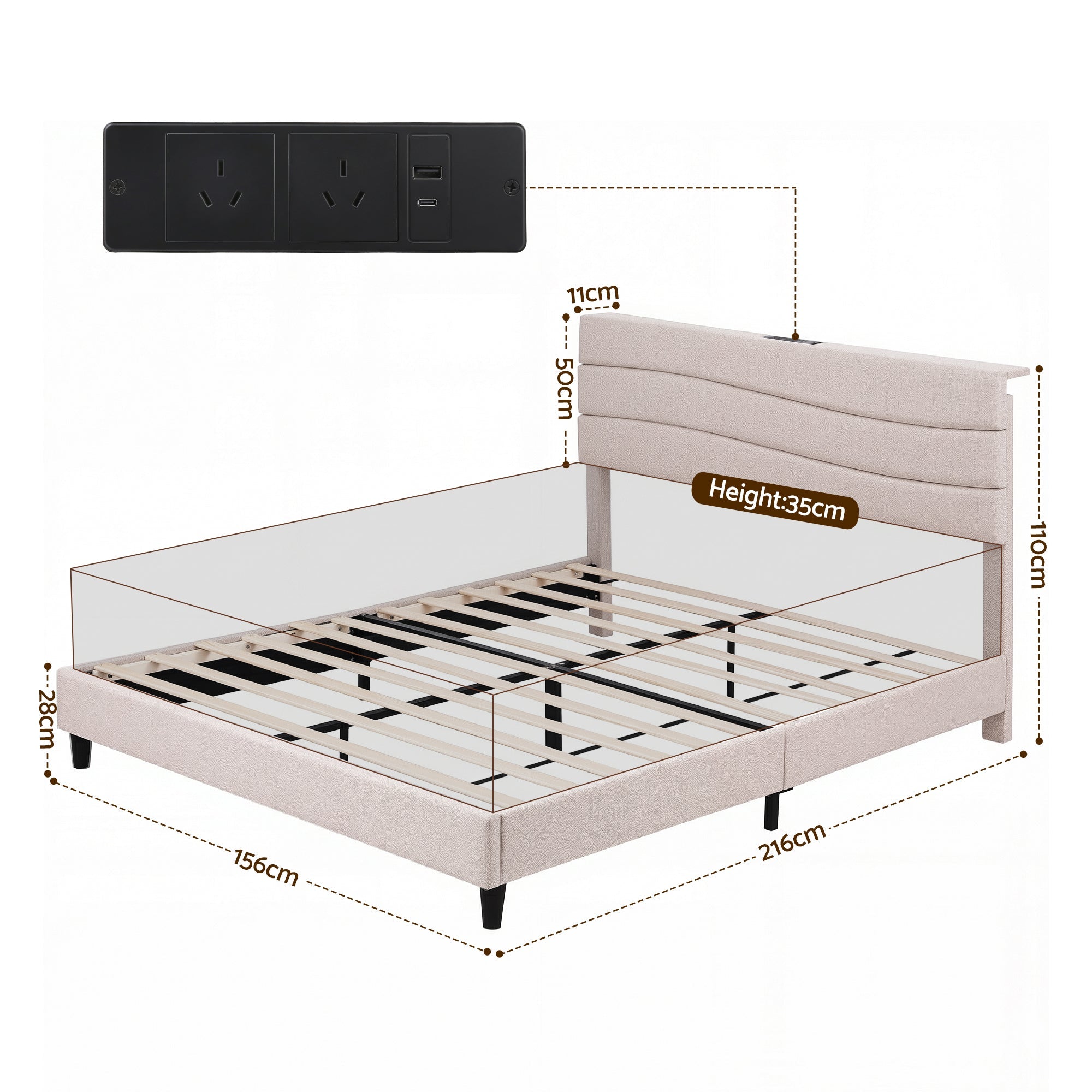 Queen Bed Frame with Storage Adjustable Headboard Platform Base Linen Fabric Charging Ports - Furniture > Bedroom > Beds & Bed Frames - Rivercity House & Home Co. (ABN 18 642 972 209) - Affordable Modern Furniture Australia