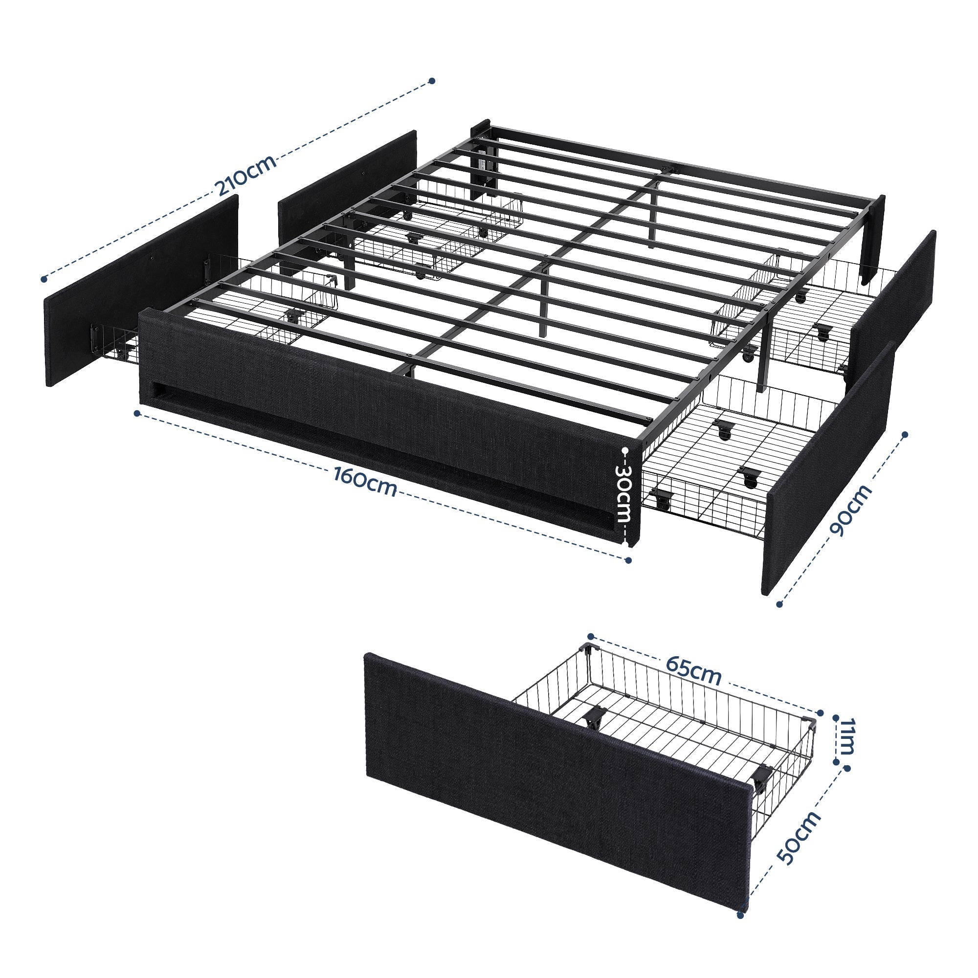 Queen Bed Frame with Storage Drawers RGB Lights Charging Station Upholstered Fabric - Furniture > Bedroom > Beds & Bed Frames - Rivercity House & Home Co. (ABN 18 642 972 209) - Affordable Modern Furniture Australia