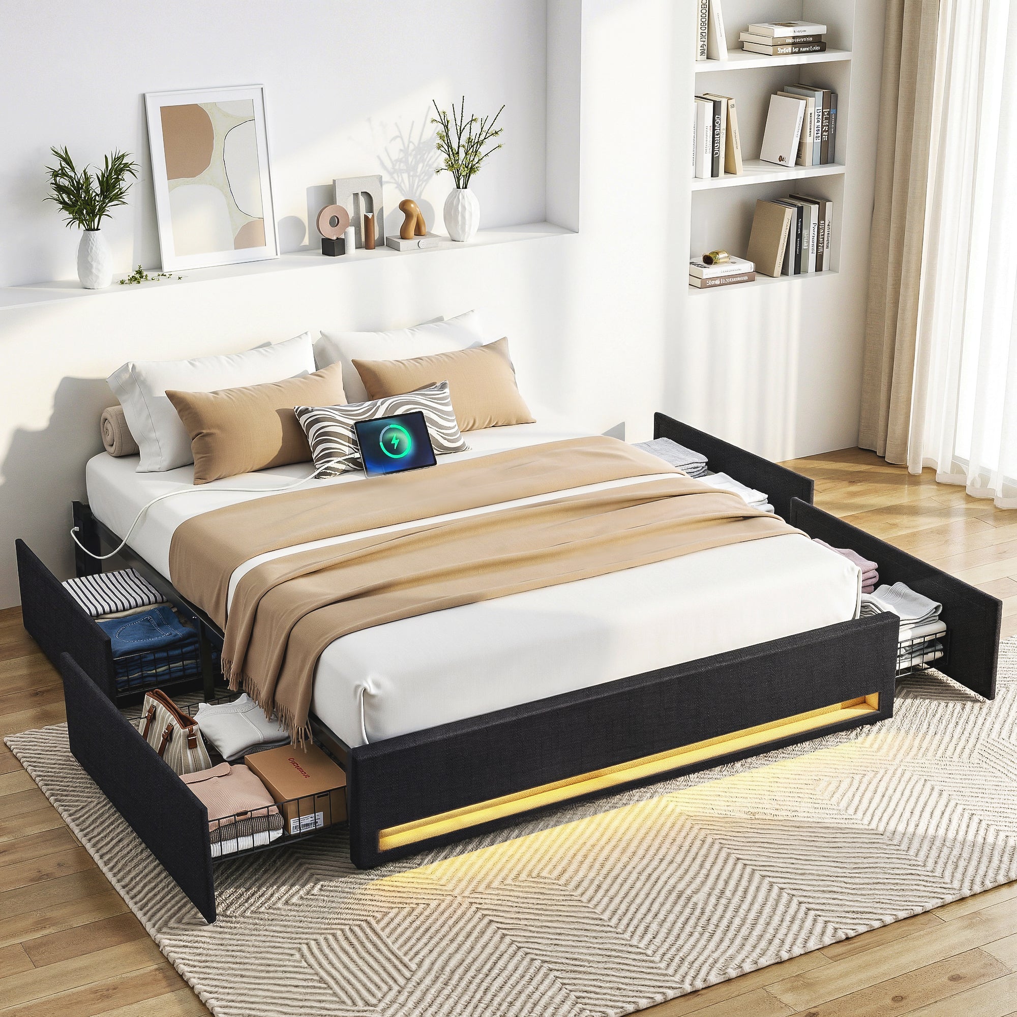 Queen Bed Frame with Storage Drawers RGB Lights Charging Station Upholstered Fabric - Furniture > Bedroom > Beds & Bed Frames - Rivercity House & Home Co. (ABN 18 642 972 209) - Affordable Modern Furniture Australia