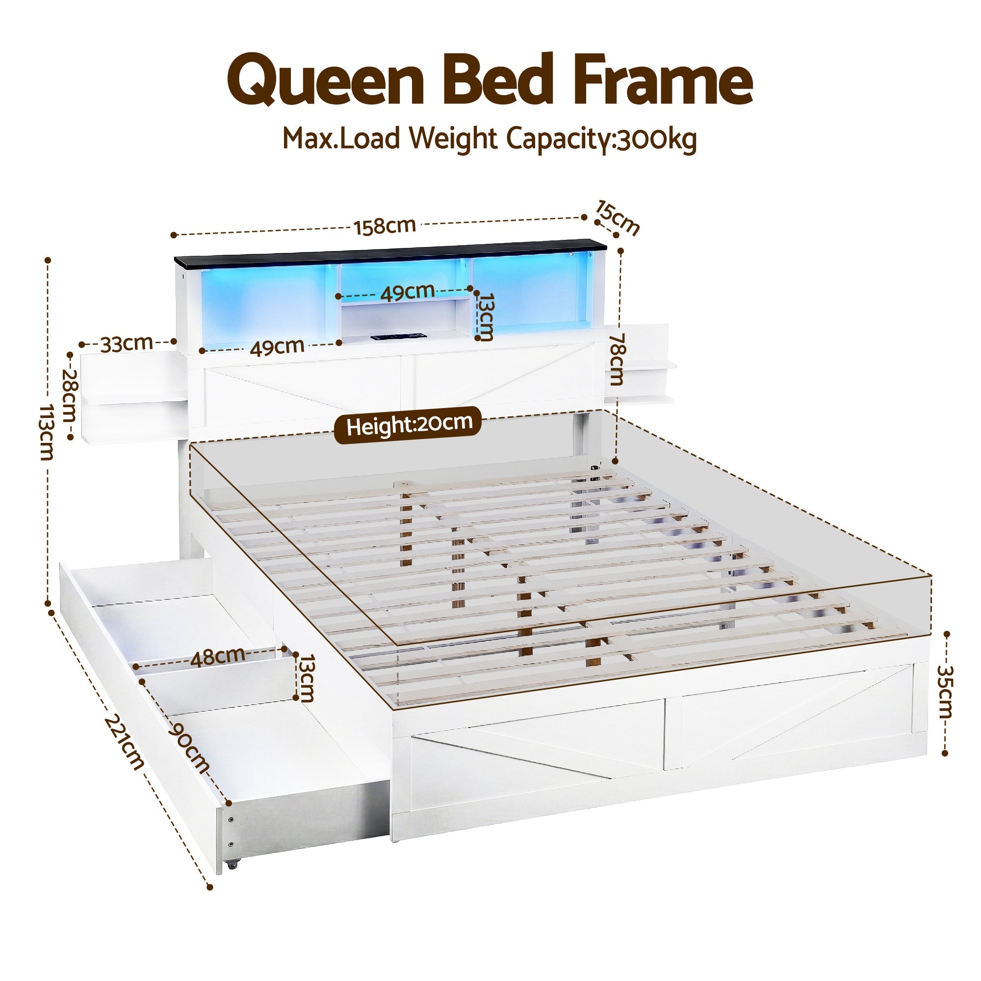 Queen Bed Frame with Storage Drawers White Platform Bedframe with Bookcase Headboard Charging Station Led Light - Furniture > Bedroom > Beds & Bed Frames - Rivercity House & Home Co. (ABN 18 642 972 209) - Affordable Modern Furniture Australia