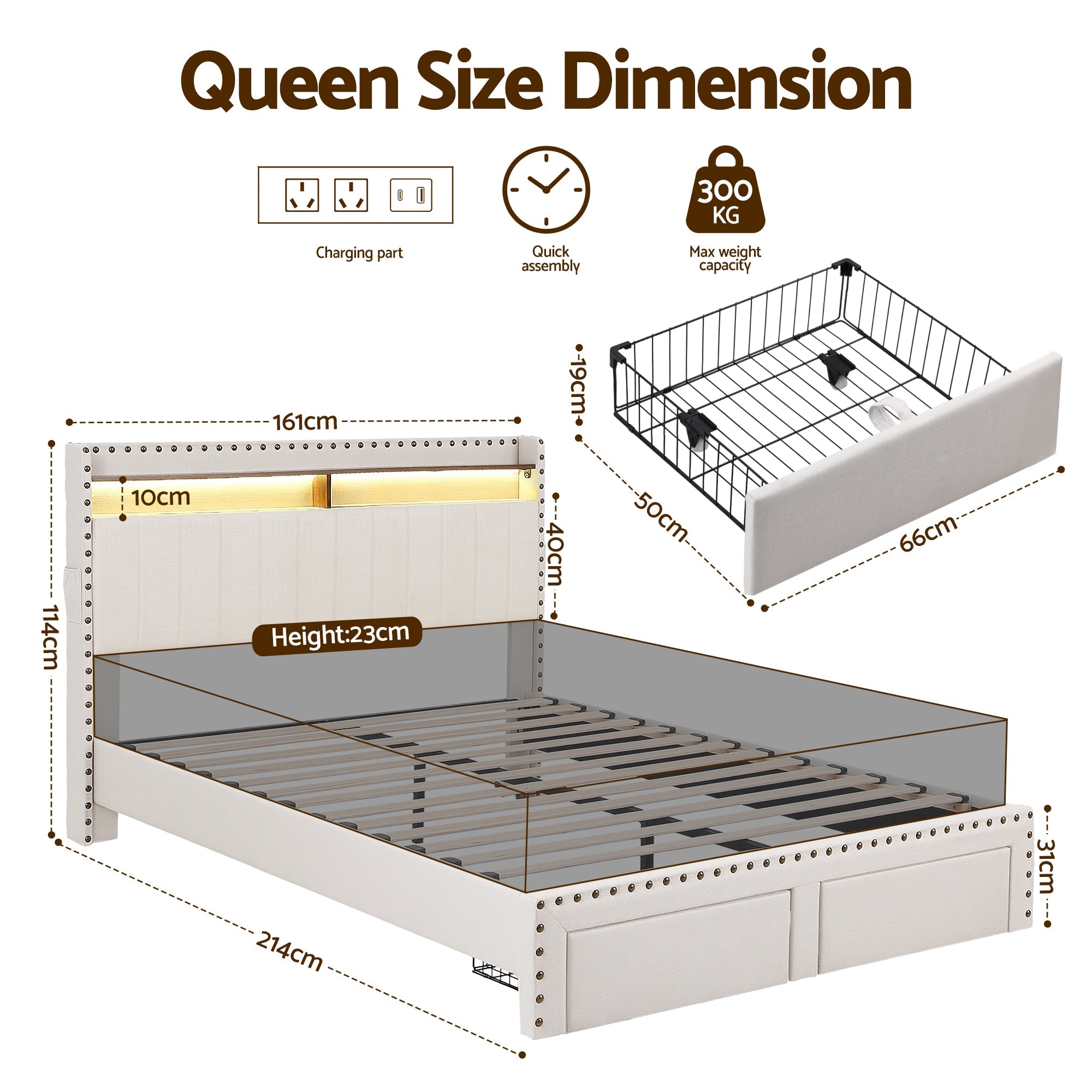 Queen Upholstered Bed Frame with Shelf Storage Drawers Charging Station Mood Lighting Linen - Furniture > Bedroom > Beds & Bed Frames - Rivercity House & Home Co. (ABN 18 642 972 209) - Affordable Modern Furniture Australia