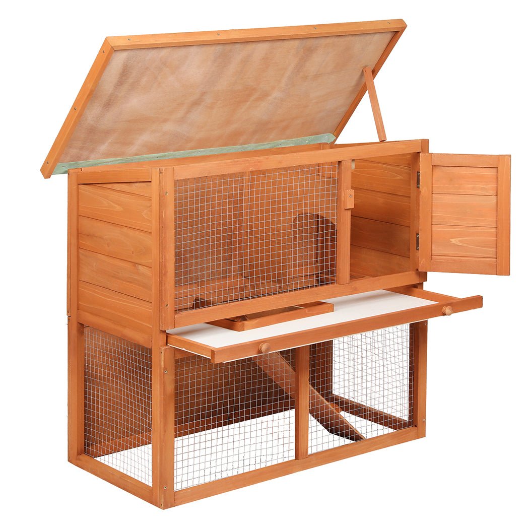 Rabbit Hutch 2 - Tier Fir Wood Pet Home with Ramp - Brown - Rivercity House & Home Co. (ABN 18 642 972 209) - Affordable Modern Furniture Australia