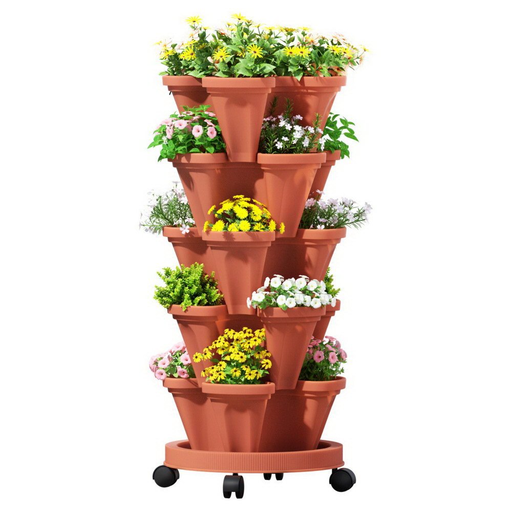 Raised Garden Bed 5 Tier Vertical Garden Brick Red Strawberry Stackable Planters Herbs Petunias - Home & Garden > Garden Beds > Garden Beds & Planters - Rivercity House & Home Co. (ABN 18 642 972 209) - Affordable Modern Furniture Australia