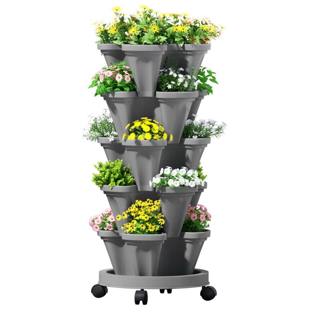 Raised Garden Bed 5 Tier Vertical Garden Grey Strawberry Stackable Planters Herbs Petunias - Home & Garden > Garden Beds > Garden Beds & Planters - Rivercity House & Home Co. (ABN 18 642 972 209) - Affordable Modern Furniture Australia