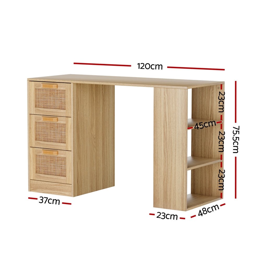 Rattan 3 Drawer Computer Desk Oak - Furniture > Office - Rivercity House & Home Co. (ABN 18 642 972 209) - Affordable Modern Furniture Australia
