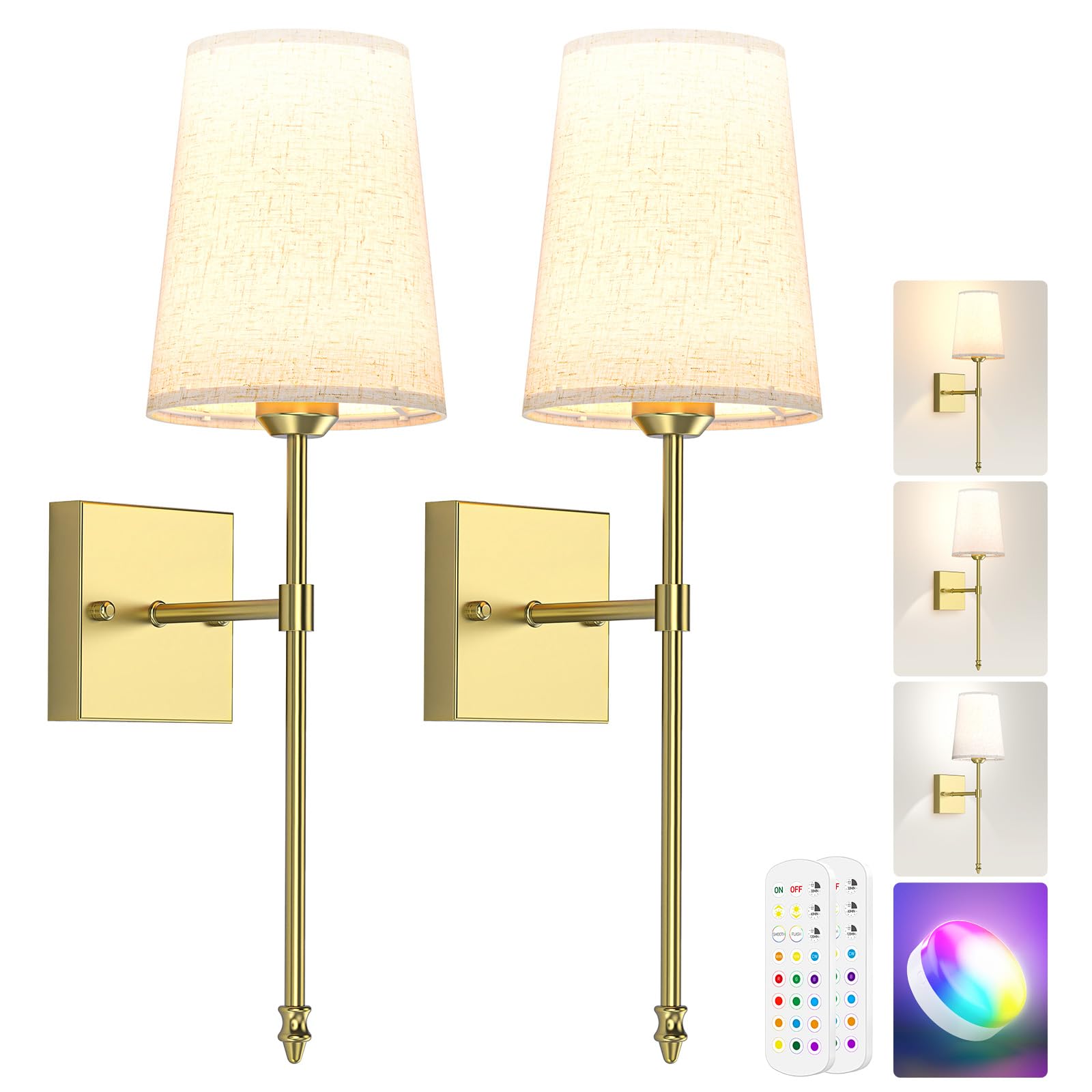 Rechargeable Battery Operated Wall Sconce Set of 2 with Remote, Dimmable RGB 3 Color Temperature, 5000mAh Indoor Wall Lamp - Gold - Home & Garden > Lighting > Wall Lights - Rivercity House & Home Co. (ABN 18 642 972 209) - Affordable Modern Furniture Australia