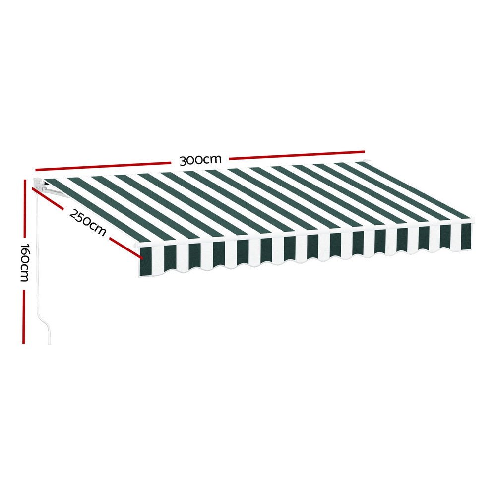 Retractable Folding Arm Awning Motorised Sunshade 3Mx2.5M Green White - Home & Garden > Shading - Rivercity House & Home Co. (ABN 18 642 972 209) - Affordable Modern Furniture Australia