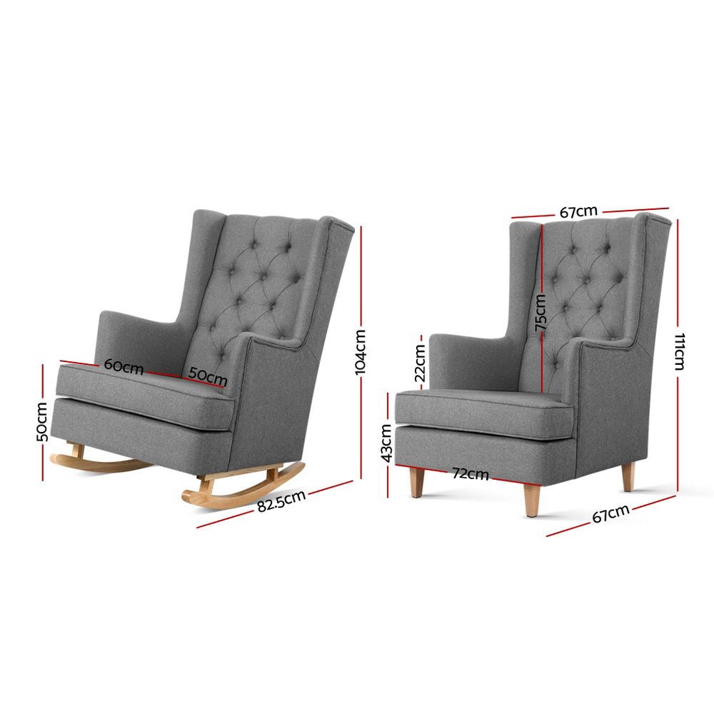 Rocking Armchair Feeding Chair Linen Fabric Armchairs Lounge Retro Grey - Rivercity House & Home Co. (ABN 18 642 972 209) - Affordable Modern Furniture Australia