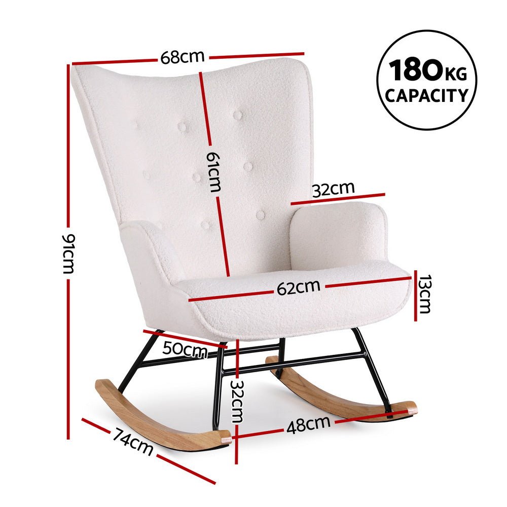Rocking Armchair Nursing Chair Boucle Fabric White - Furniture > Bar Stools & Chairs > Arm Chairs & Recliners - Rivercity House & Home Co. (ABN 18 642 972 209) - Affordable Modern Furniture Australia