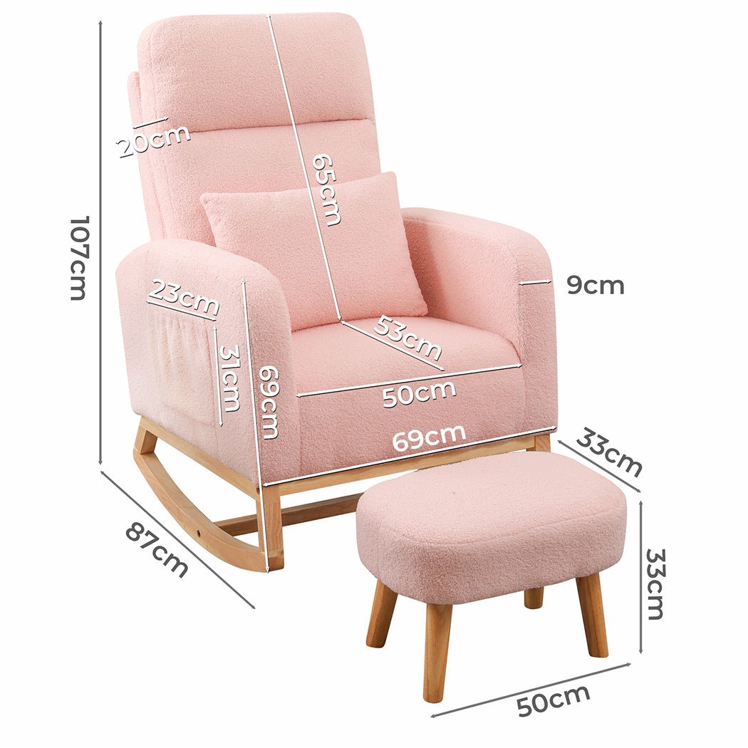 Rocking Chair and Ottoman Footrest with Side Pocket - Pink - Rivercity House & Home Co. (ABN 18 642 972 209) - Affordable Modern Furniture Australia