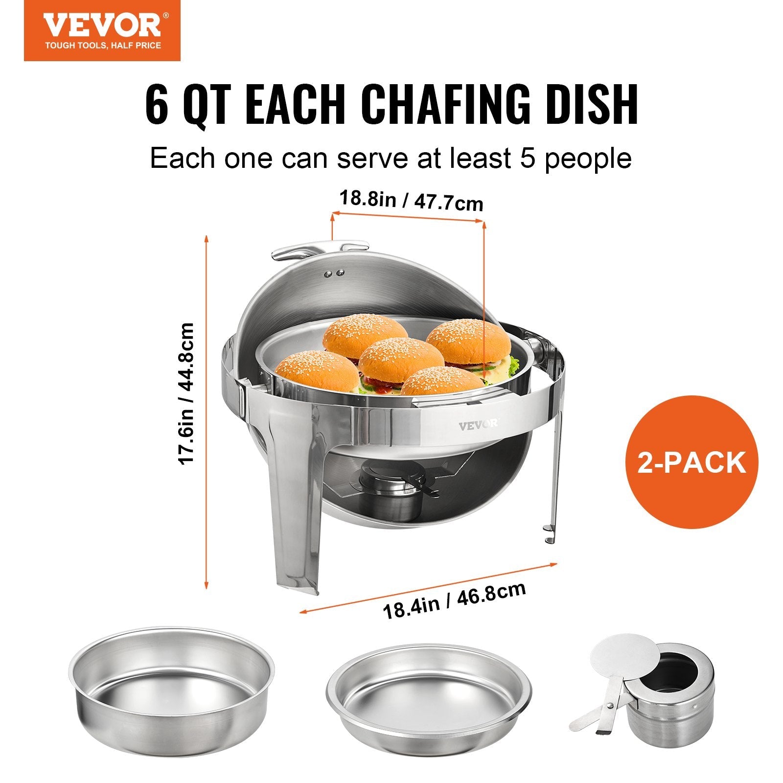 Roll Top Chafing Dish Buffet Set, 5.5L 2 Pack, Stainless Steel Chafer with 2 Full Size Pans, Round Catering Warmer Server with Lid Water Pan Stand Fuel Holder, for at Least 5 People Each - Home & Garden > Kitchenware > Food Storage - Rivercity House & Home Co. (ABN 18 642 972 209) - Affordable Modern Furniture Australia