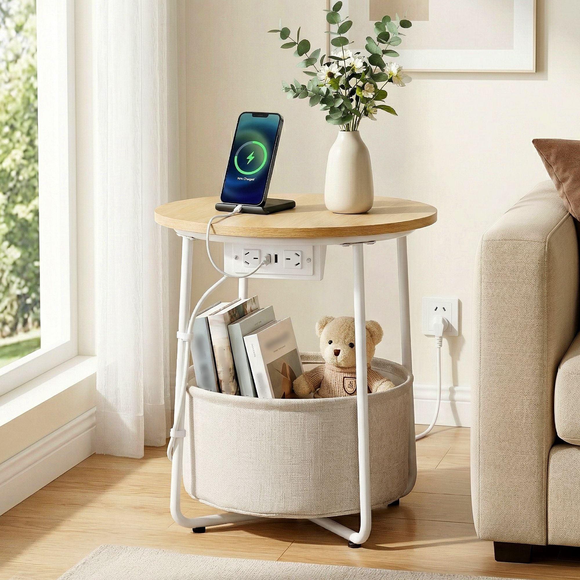 Round Coffee Table Side End Table Charging Station Storage Basket - Furniture > Living Room > Coffee Tables - Rivercity House & Home Co. (ABN 18 642 972 209) - Affordable Modern Furniture Australia
