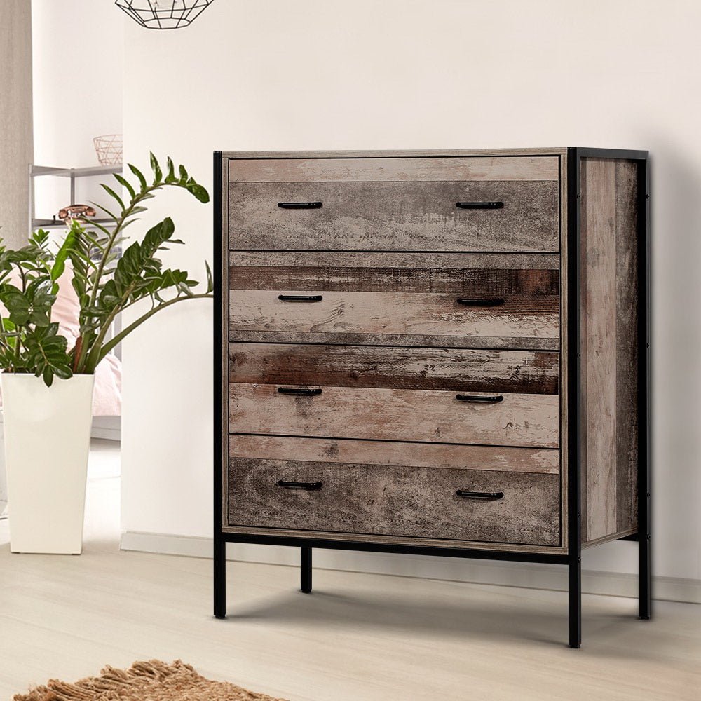 Rustic Industrial Look 4 - drawer Tallboy - Rivercity House & Home Co. (ABN 18 642 972 209) - Affordable Modern Furniture Australia